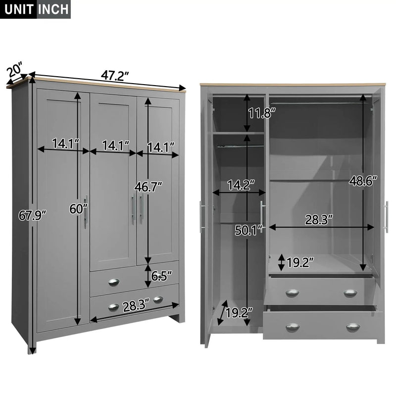 3 Door Storage Wardrobe With Cabinets And 2 Hanging Rods - Gray by HouseOfZazla