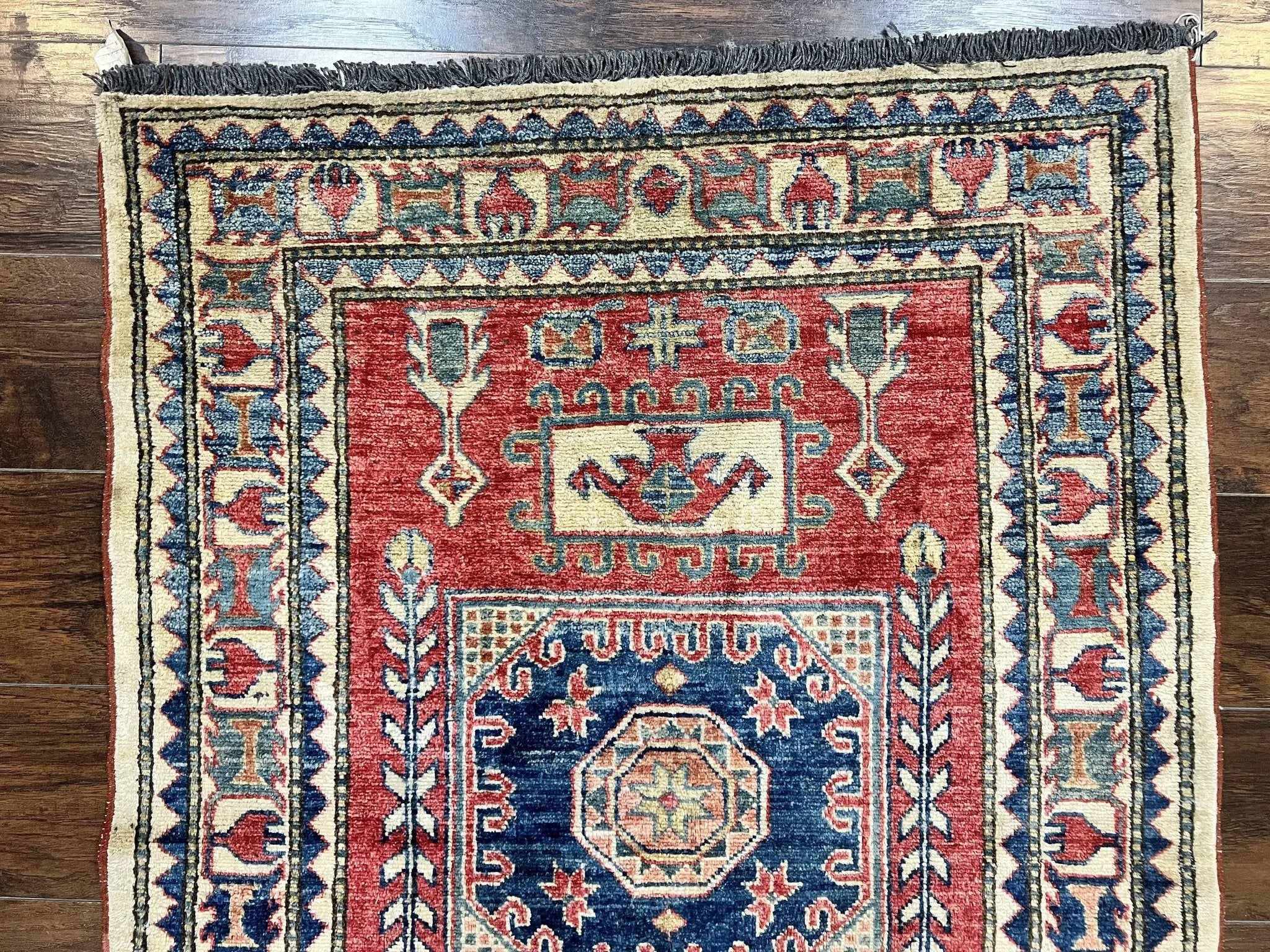 Turkish Kazak Rug 3x4, Wool Hand Knotted Small Vintage Carpet, Red Navy Blue, 3 x 4 Oriental Rug, Geometric Design by Jewel Rugs