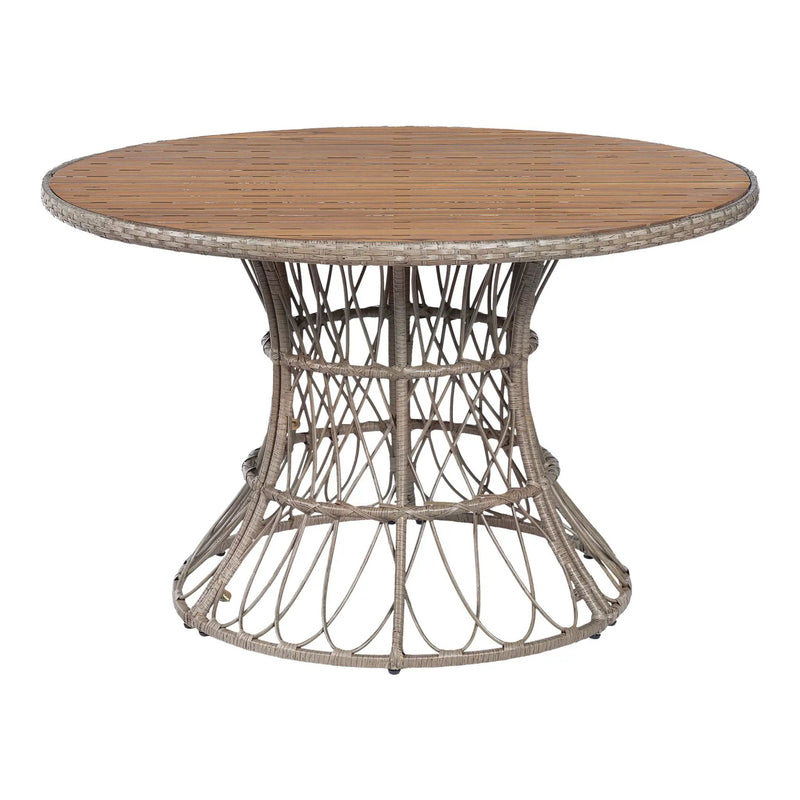 5-Piece Outdoor Dining Set: Brown Round Acacia Wood Table & 4 Brown Wicker Armchairs by HouseOfZazla