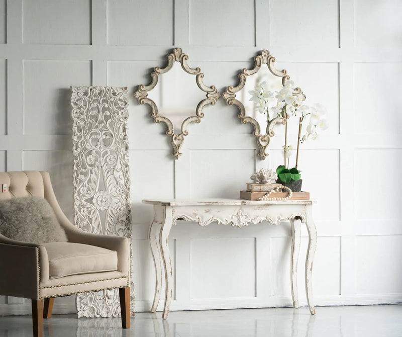 Artistic Diamond Scrollwork Mirror, Home Accent Mirror For Living Room, Entryway, Bedroom, Office - Antique White by Unique Piece Furniture