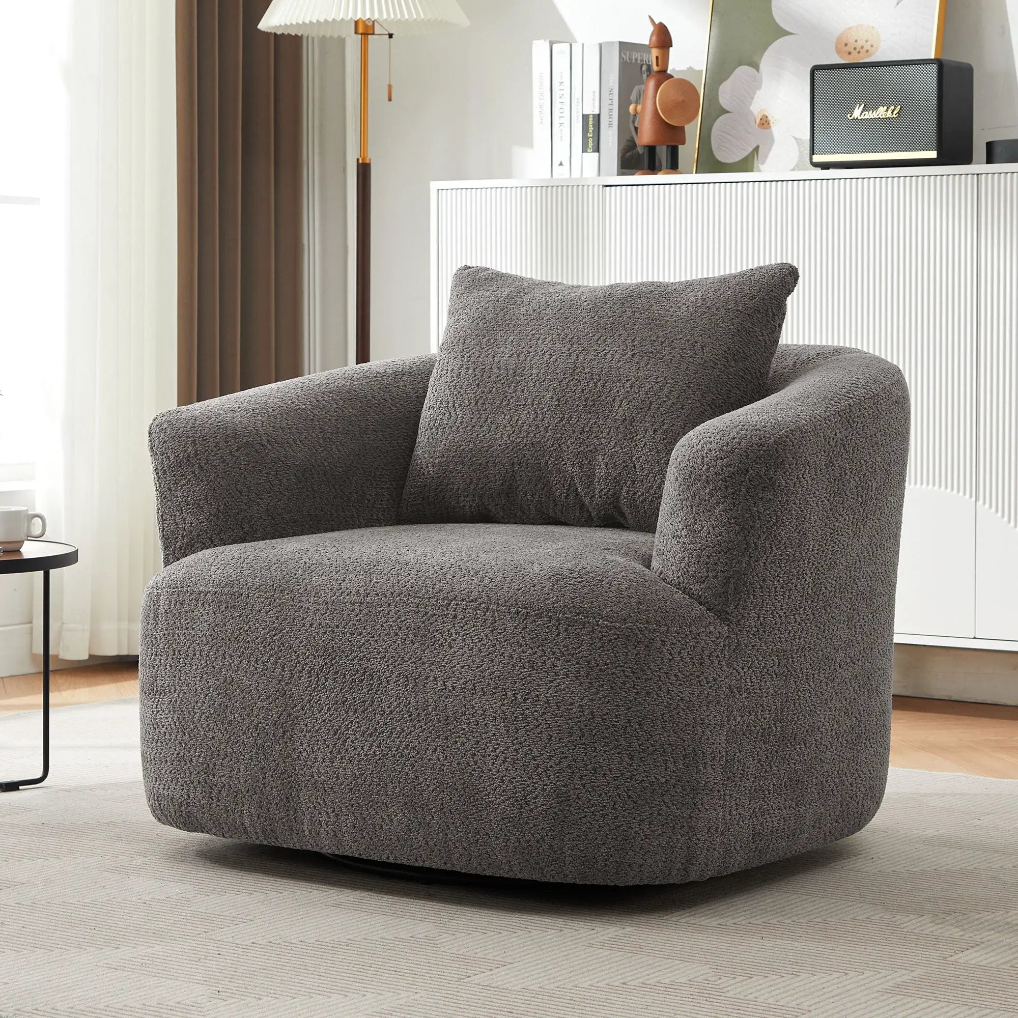 360° Swivel Barrel Sofa Chair With Throw Pillow, Upholstered Accent Chair by Unique Piece Furniture