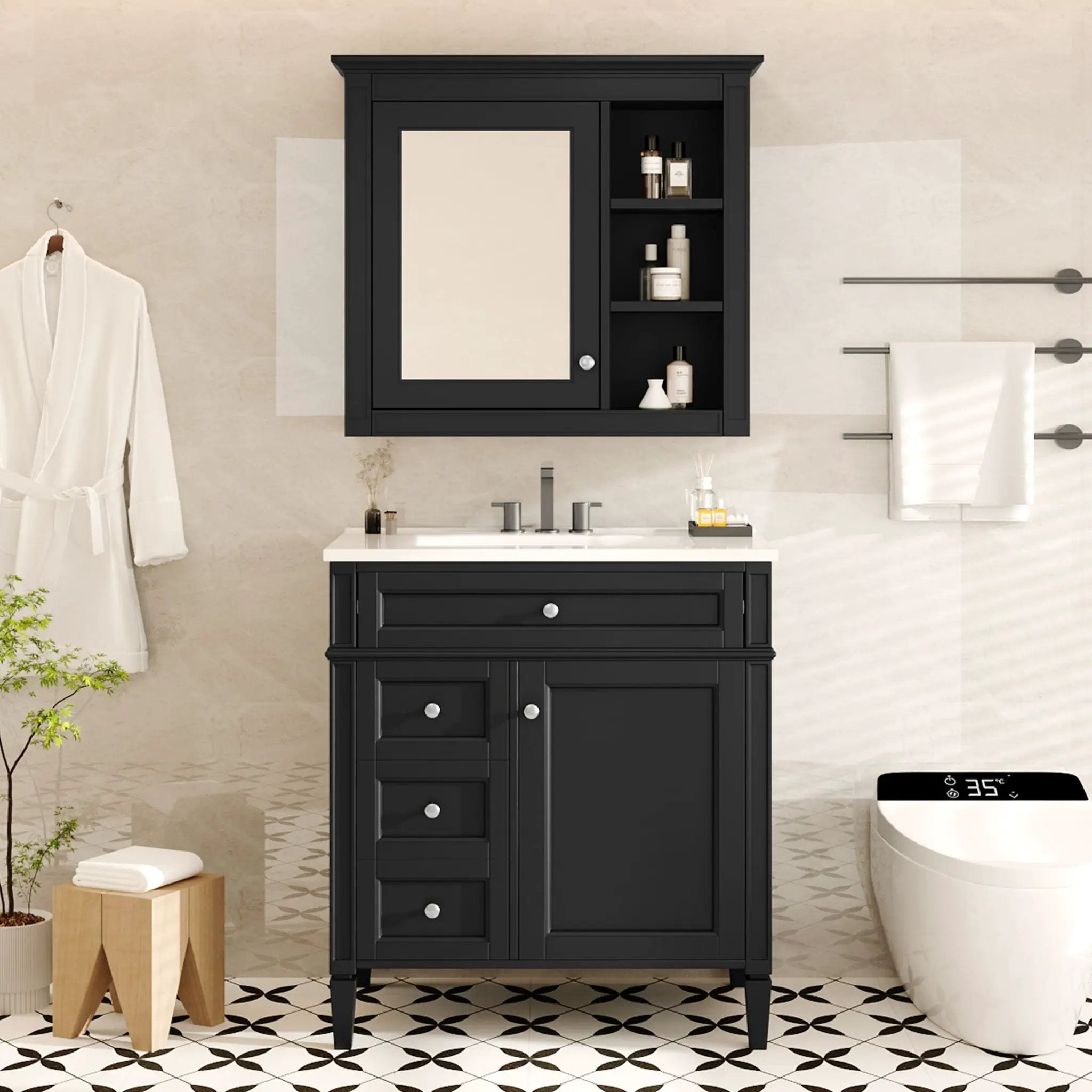 Bathroom Vanity With Medicine Cabinet, Royal Mirror Cabinet, Modern Bathroom Storage Cabinet With 2 Soft Closing Doors And 4 Drawers by HouseOfZazla