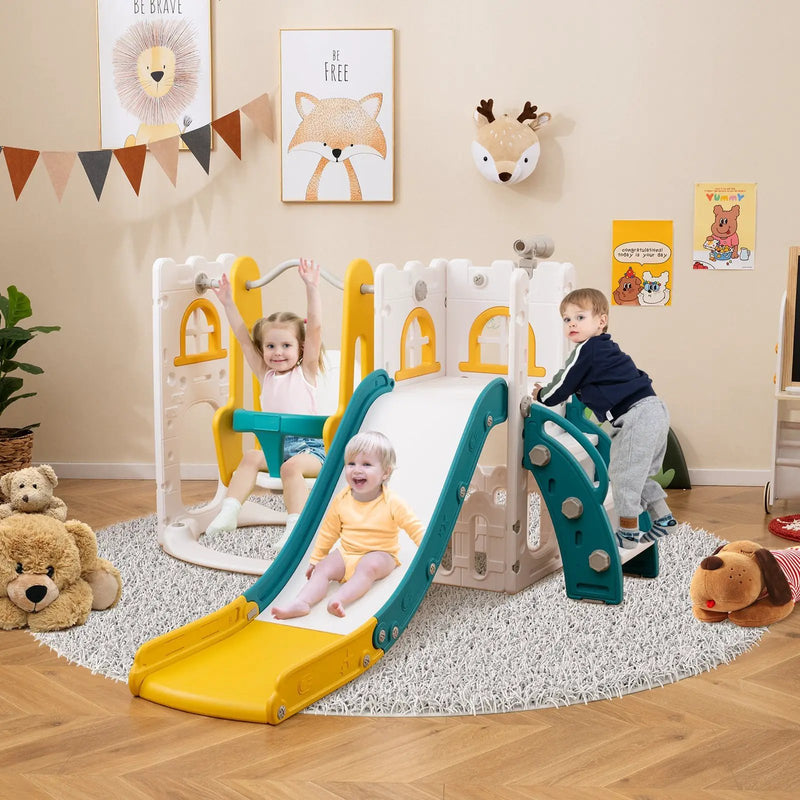 7-in-1 Toddler Swing and Slide Set L-shaped with Ladder and Basketball Hoop by DirectDeals