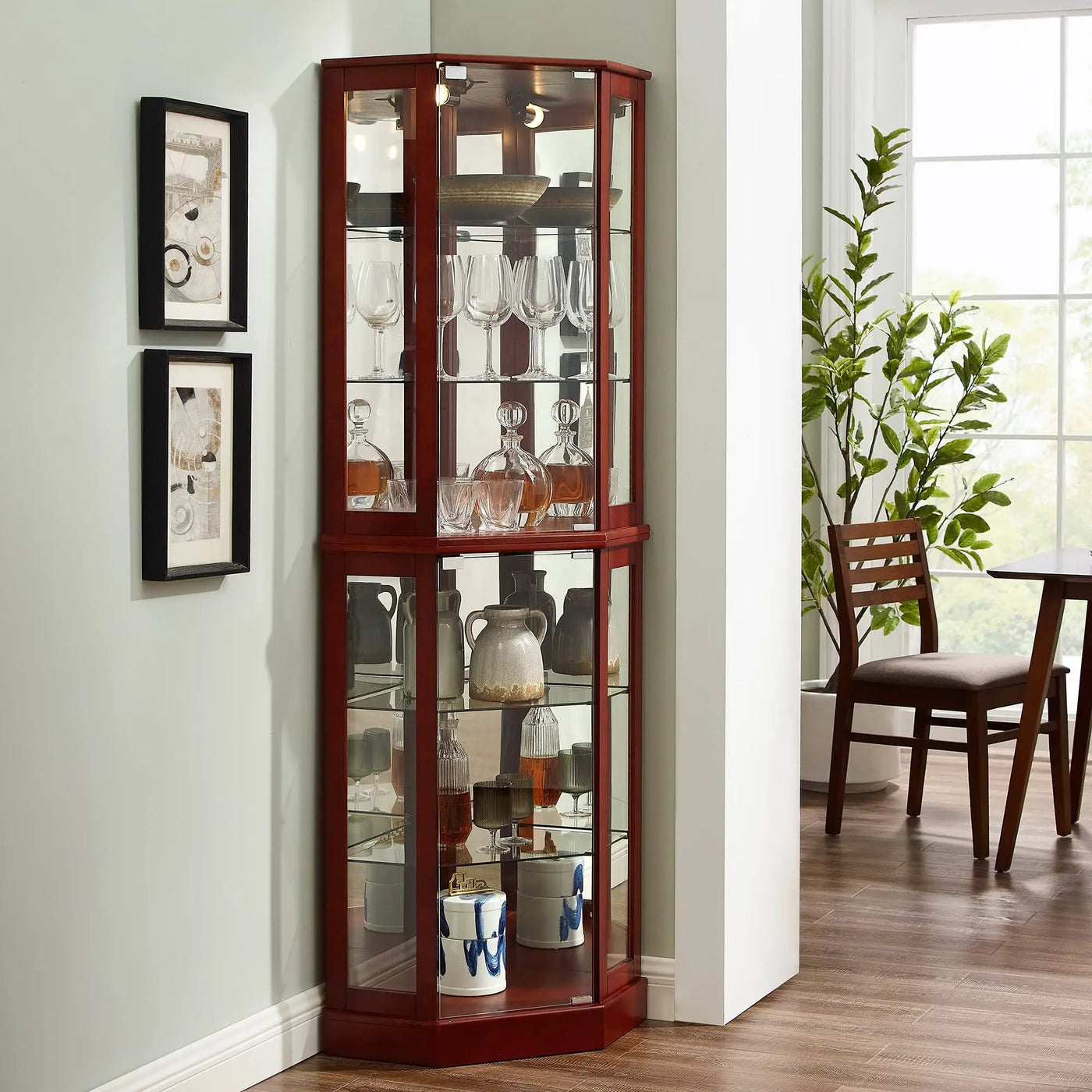 6 Shelf Corner Curio Display Cabinet With Lights, Mirrors And Adjustable Shelves by HouseOfZazla