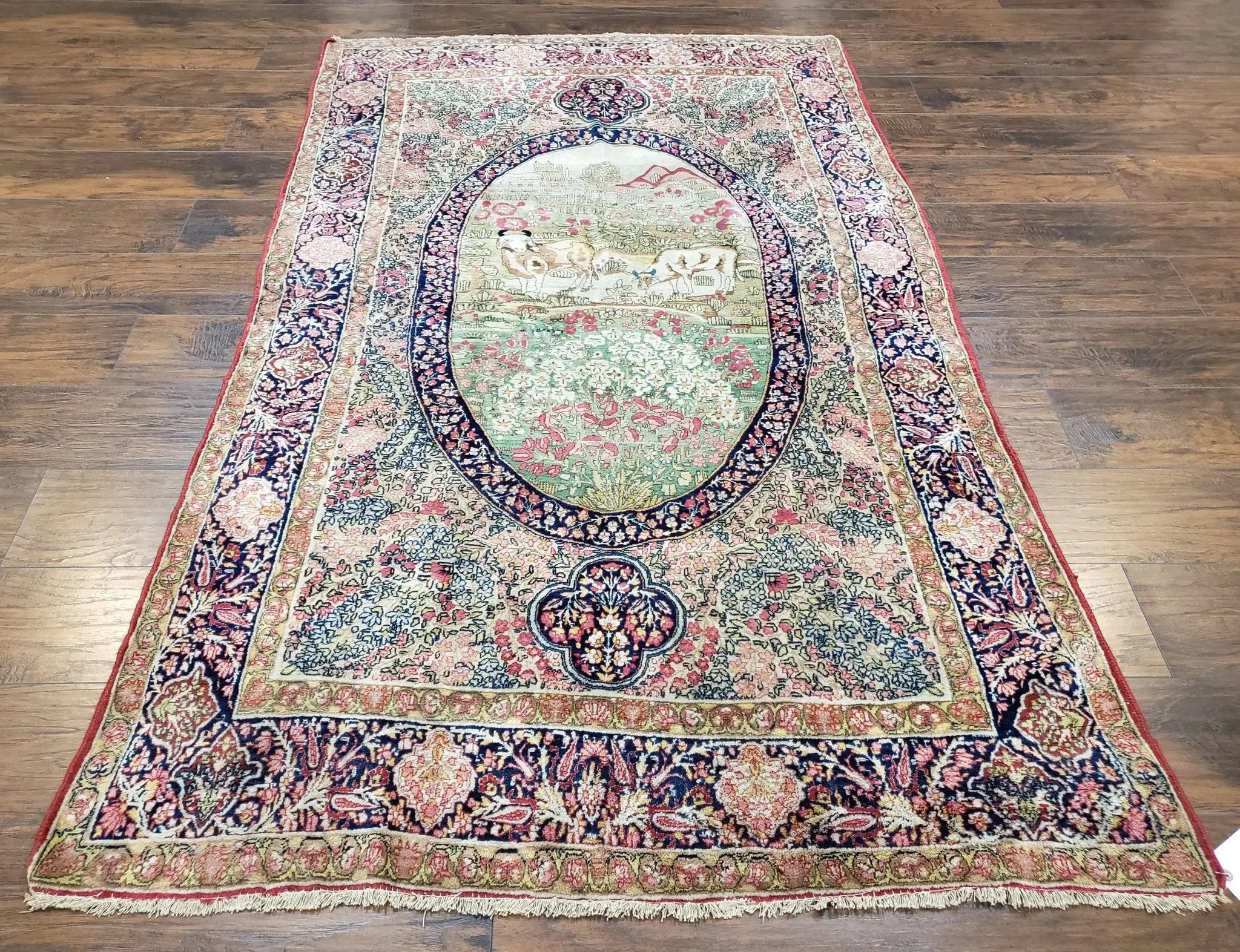 Antique Persian Kerman Lavar Rug 4.4 x 7.5, Highly Collectible Rare, 1880s Rug, Millefleurs, Cows, Wool Hand Knotted, Pictorial by Jewel Rugs
