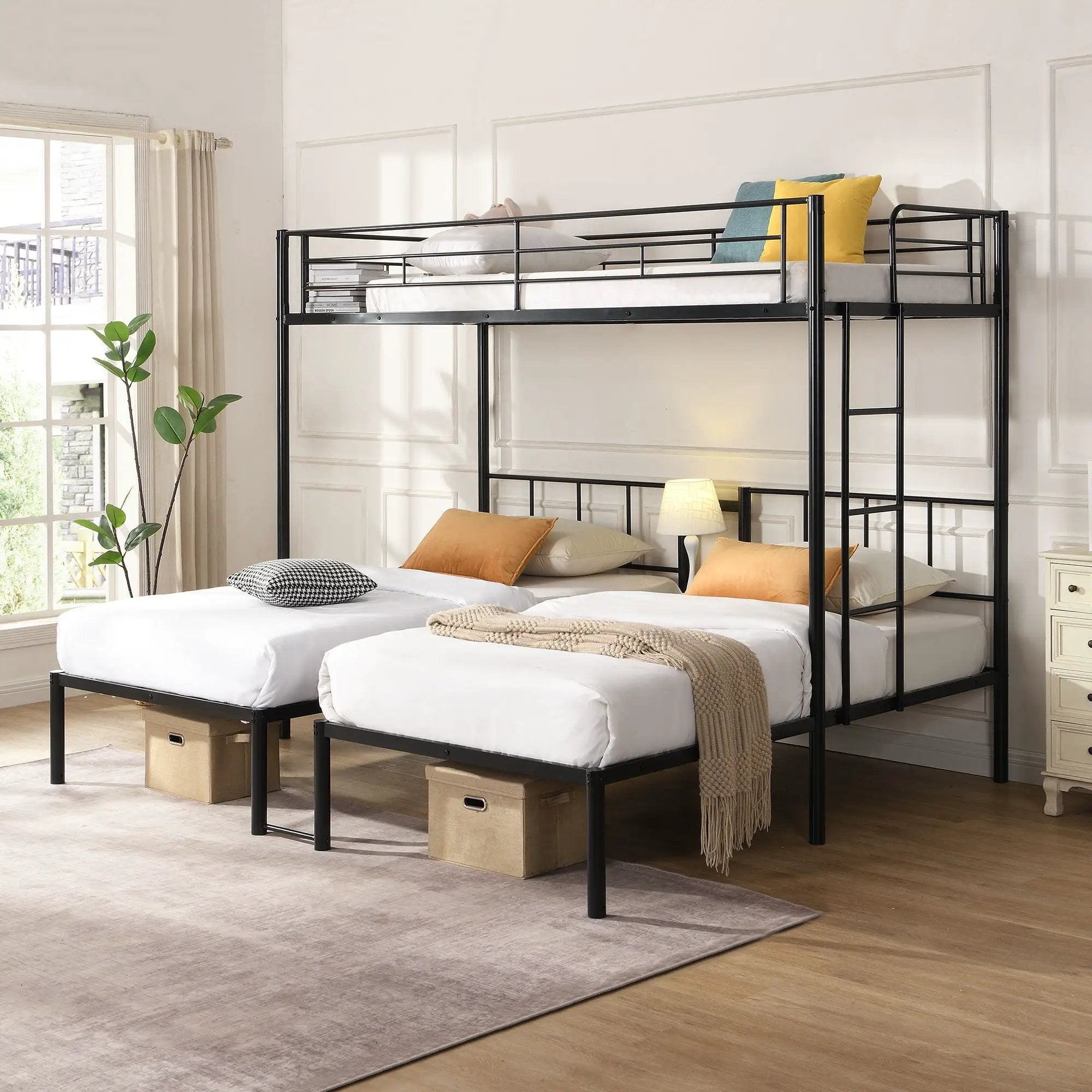 Twin Over Twin Over Twin Triple Bunk Bed With Safety Rails And Storage Shelf - Black by Unique Piece Furniture