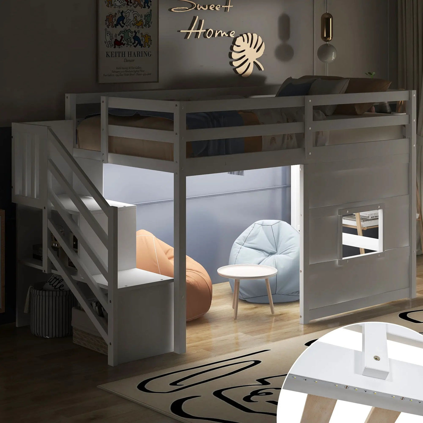 Loft Bed With Storage Staircase, Window & LED Light by HouseOfZazla