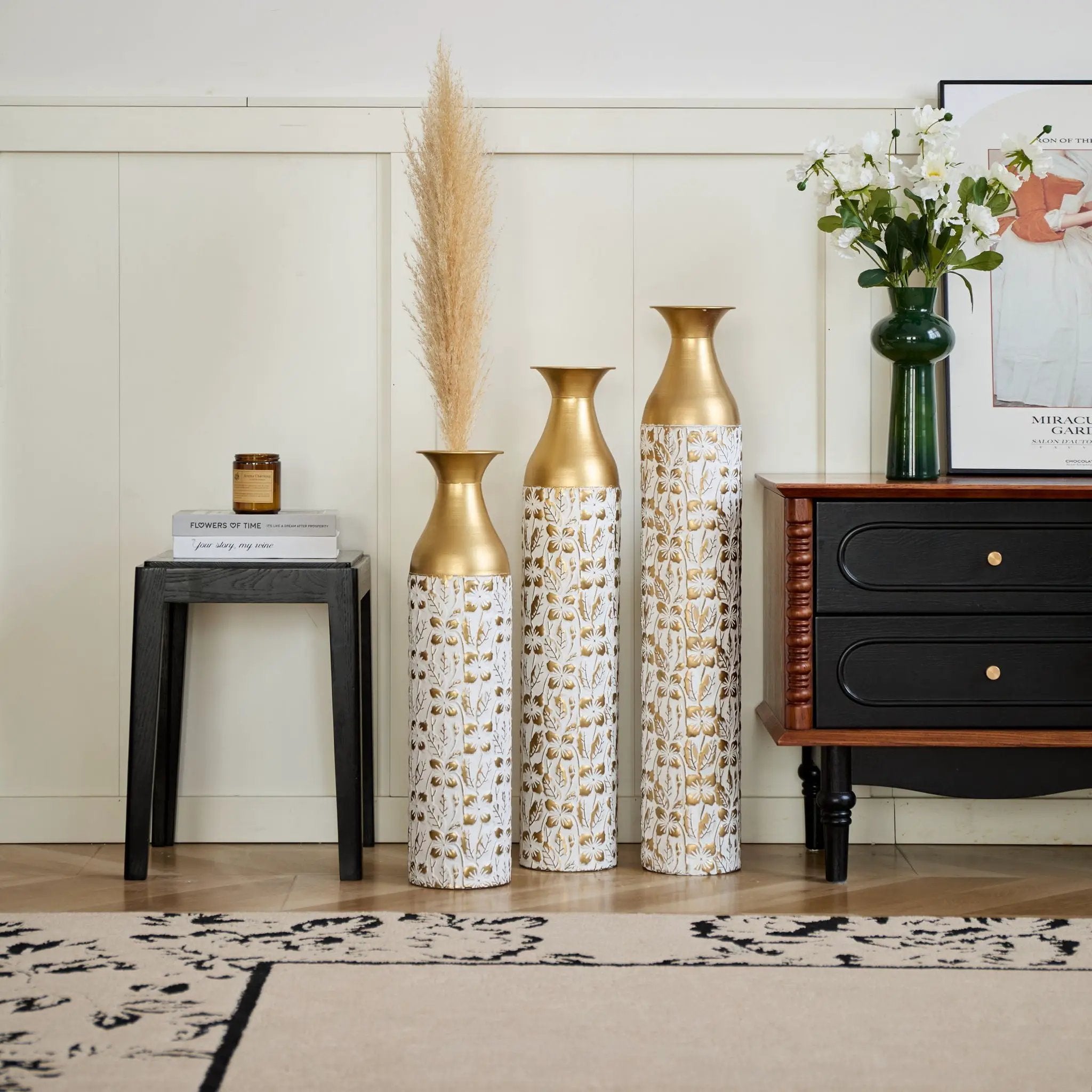 Mother's Day Gift Set Gilded White 3D Relief Flower Metal Vase Set - White / Gold by HouseOfZazla