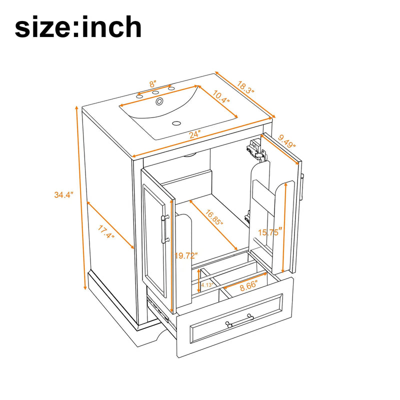 Bathroom Vanity With Sink, 1 Divided Drawer And 2 Soft Close Doors With Double Shelf