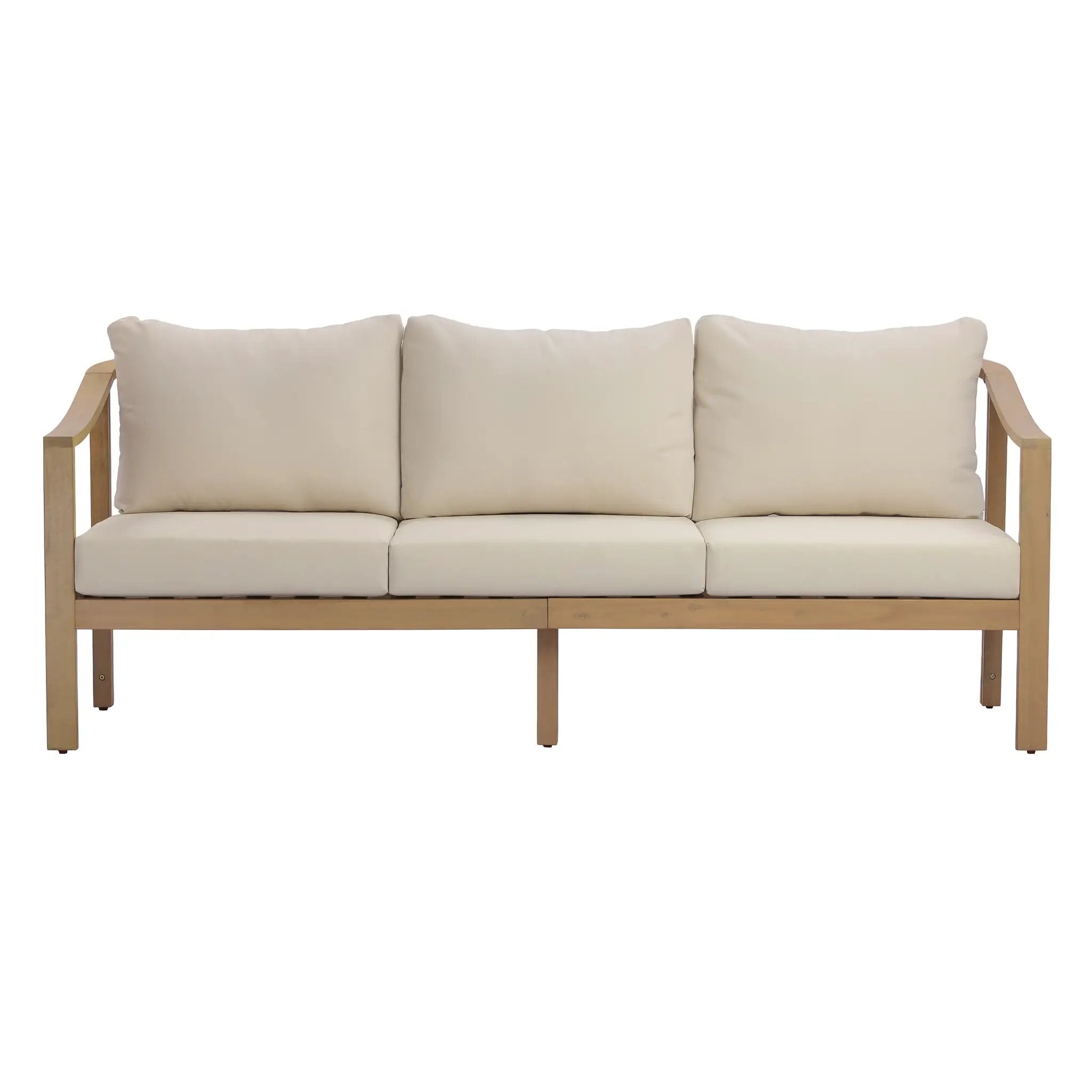 77.95" Outdoor Acacia Wood 3-Seater Sofa with Beige Cushions by HouseOfZazla