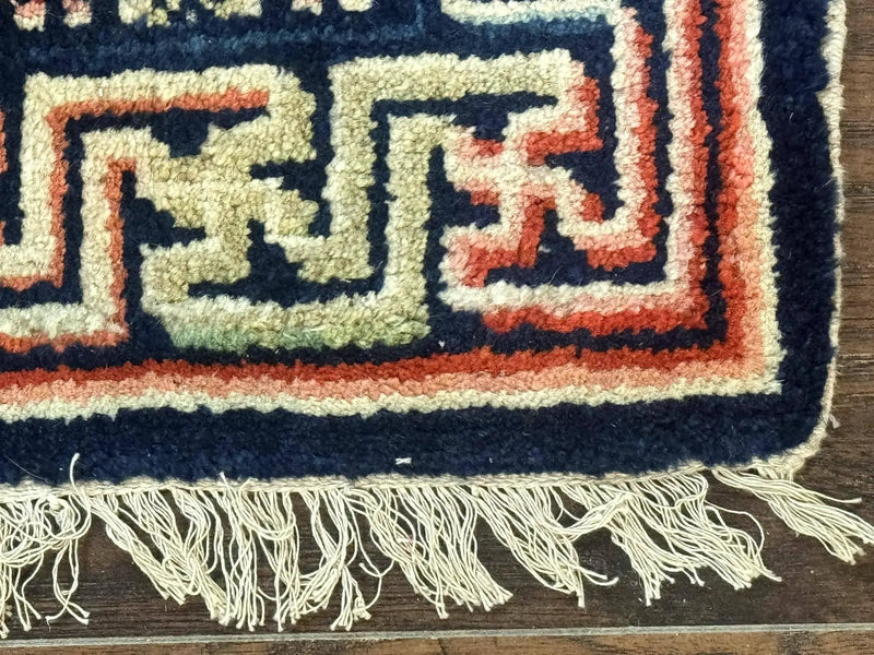 Small Antique Chinese Rug 2x2, Red Blue Square Rug Mat, Handmade, Tibetan Rug by Jewel Rugs