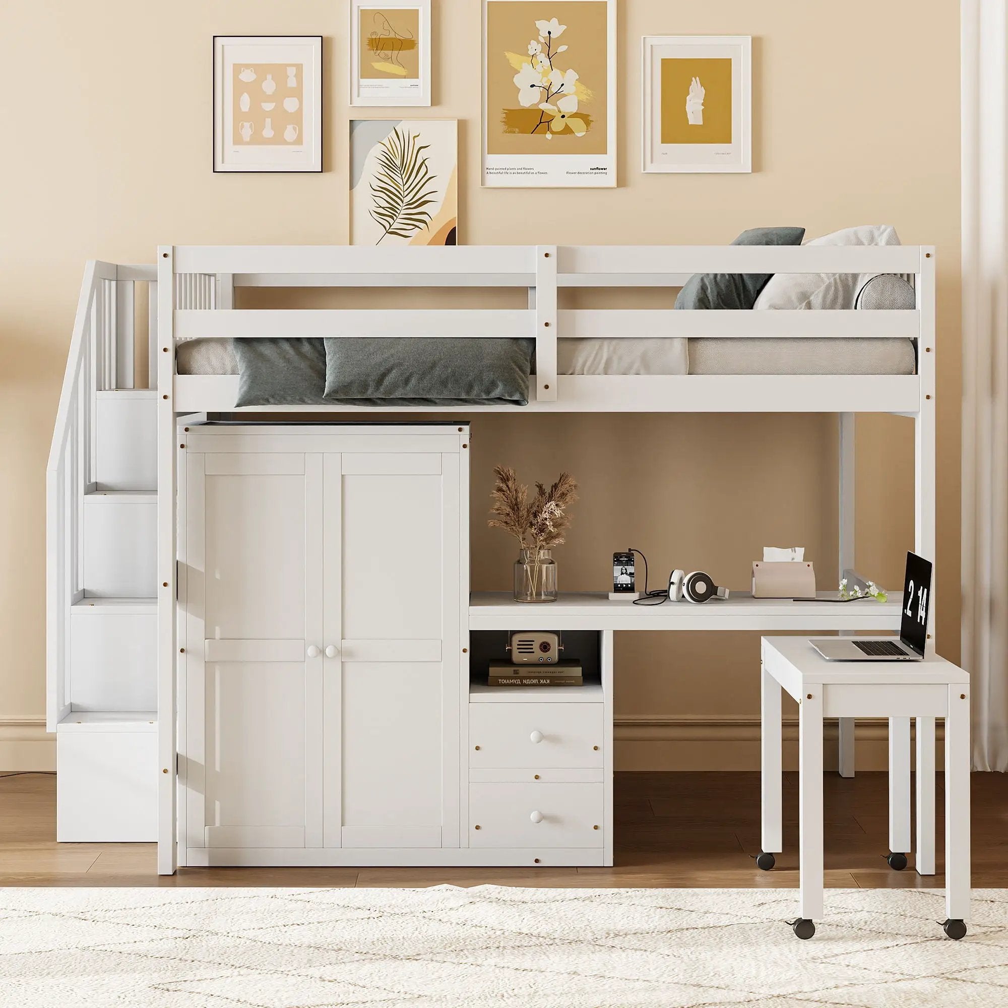 Loft Bed With Stairs, Bookshelf, Drawers, Desk & Wardrobe, Space Saving Multifunctional Furniture by HouseOfZazla