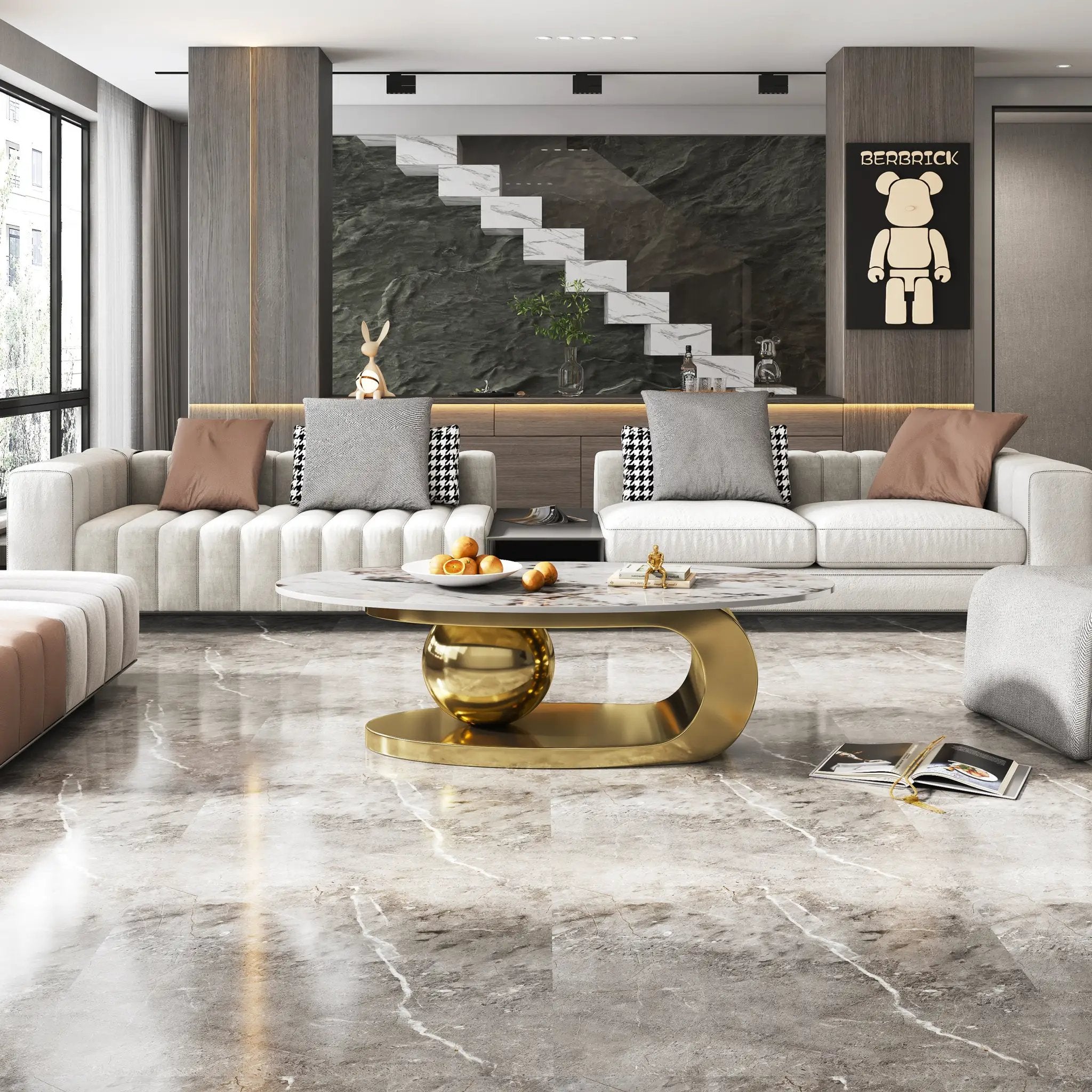 49.2 Inches Oval Faux Marble Coffee Table for Living Room with Stainless Steel Base by HouseOfZazla