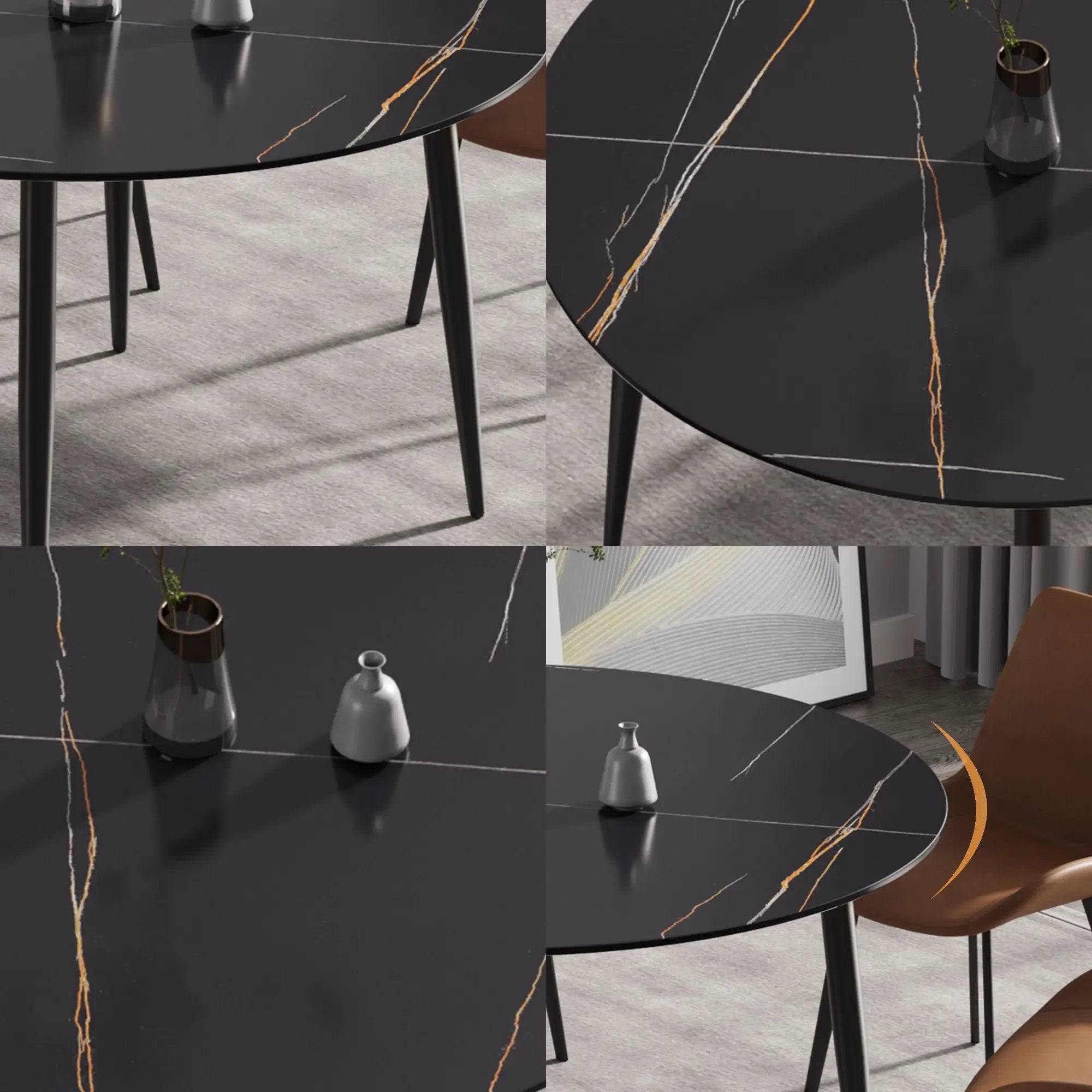 Modern Artificial Stone Round Dining Table With Metal Legs, Can Accommodate 6 People - Black by HouseOfZazla