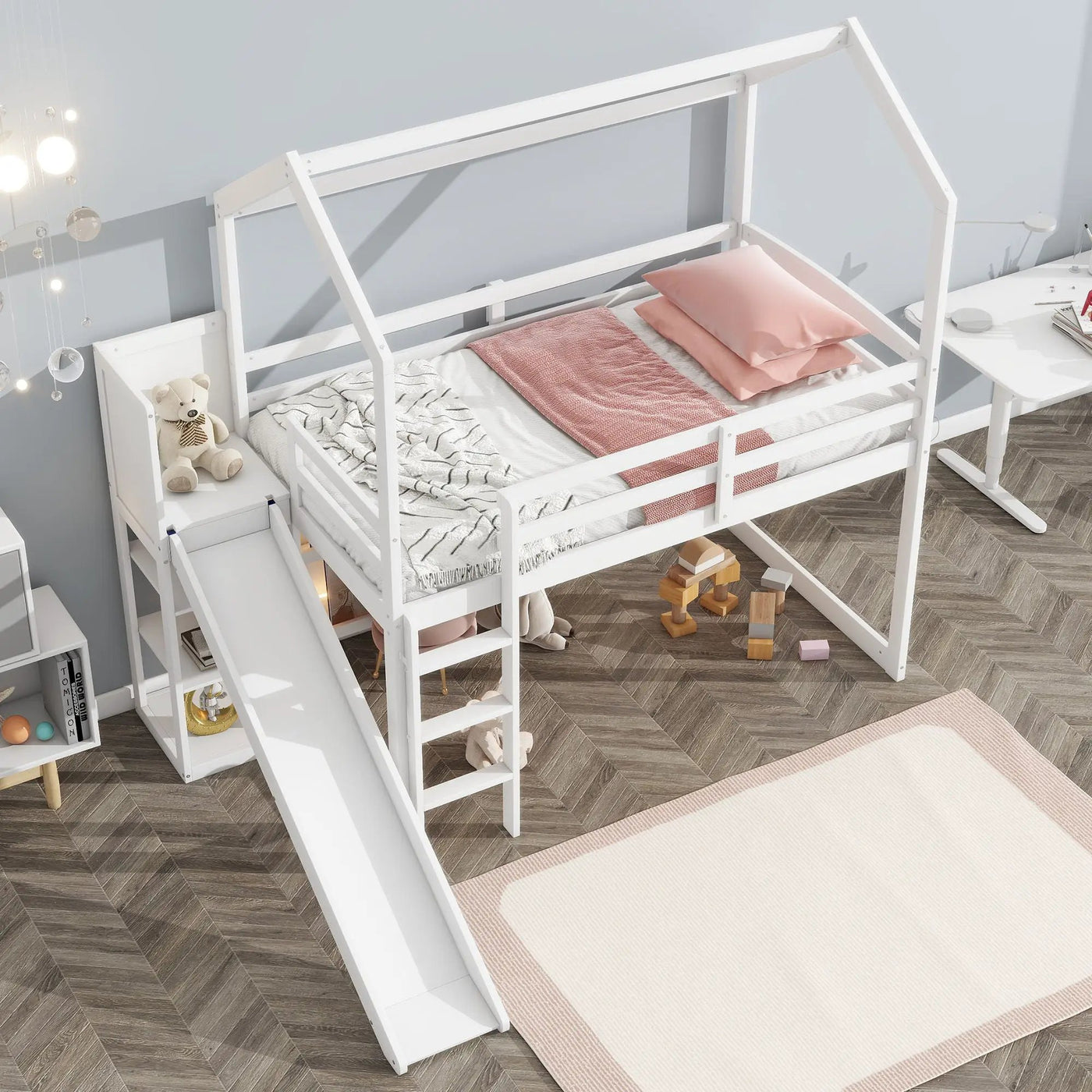 House Loft Bed With Slide, Storage Shelves And Light, Climbing Ramp by HouseOfZazla