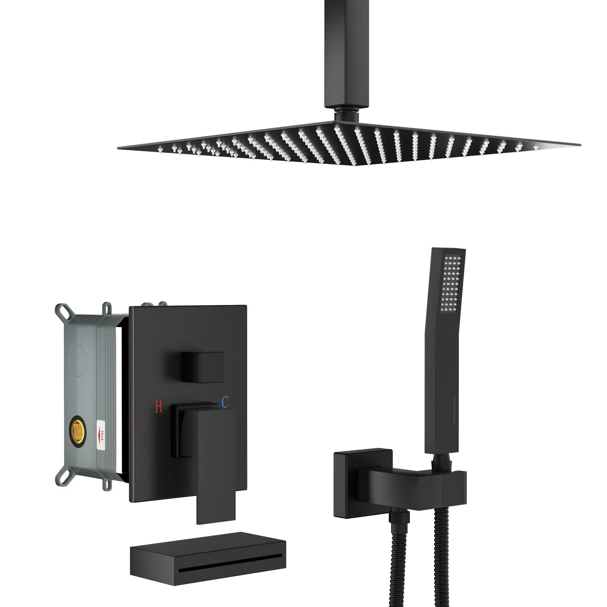 Shower System With Waterfall Tub Spout And 12" Ceiling Mount Square Shower Head - Oil-Rubbed Bronze by HouseOfZazla
