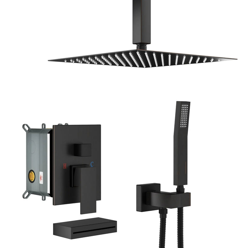Shower System With Waterfall Tub Spout And 12" Ceiling Mount Square Shower Head - Oil-Rubbed Bronze by HouseOfZazla