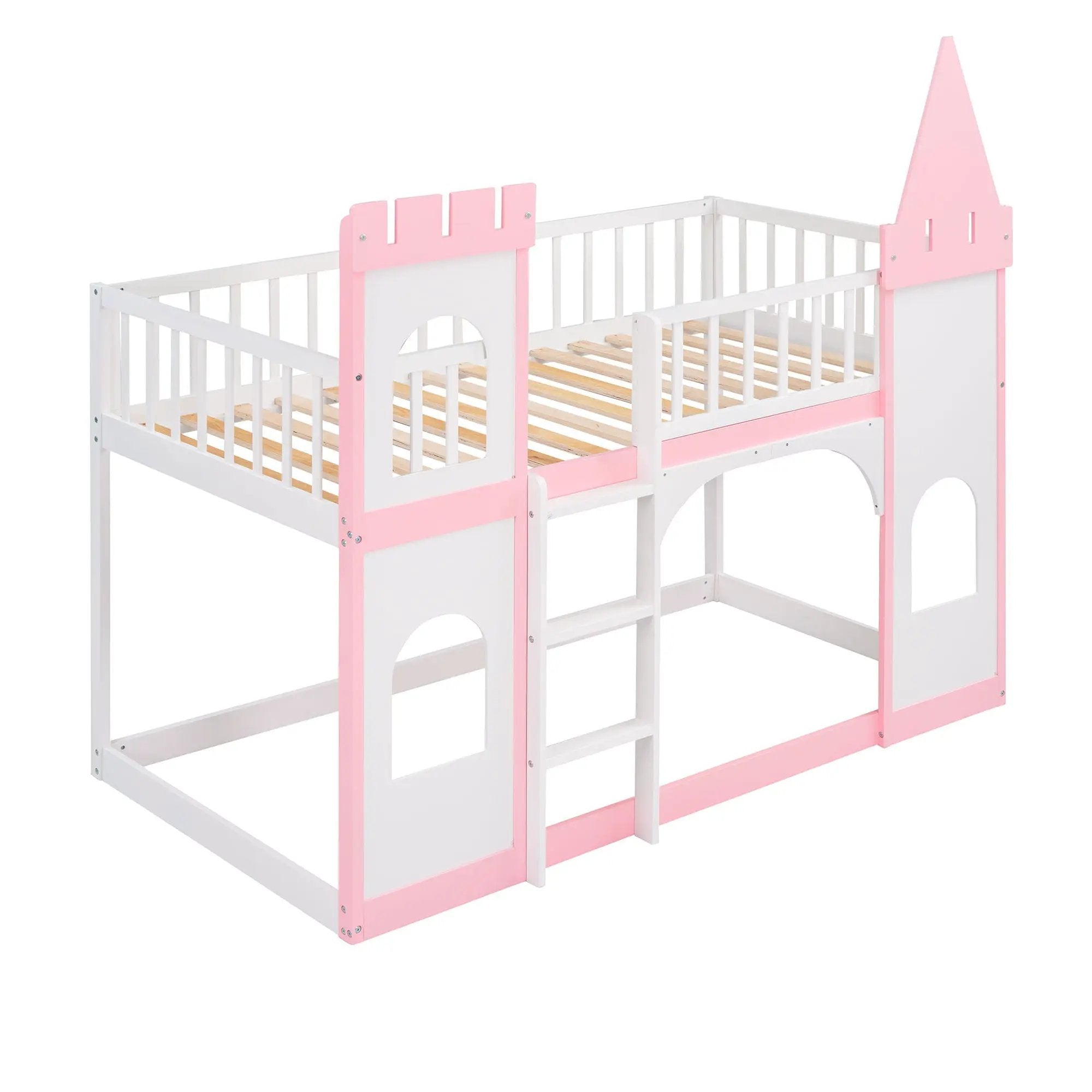 Twin Over Twin Castle Bunk Bed With Ladder - Pink by HouseOfZazla