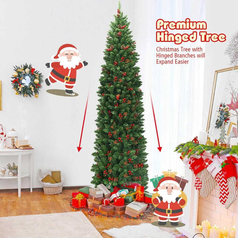 7.5 Feet Pre-lit Hinged Pencil Christmas Tree with Pine Cones Red Berries by DirectDeals