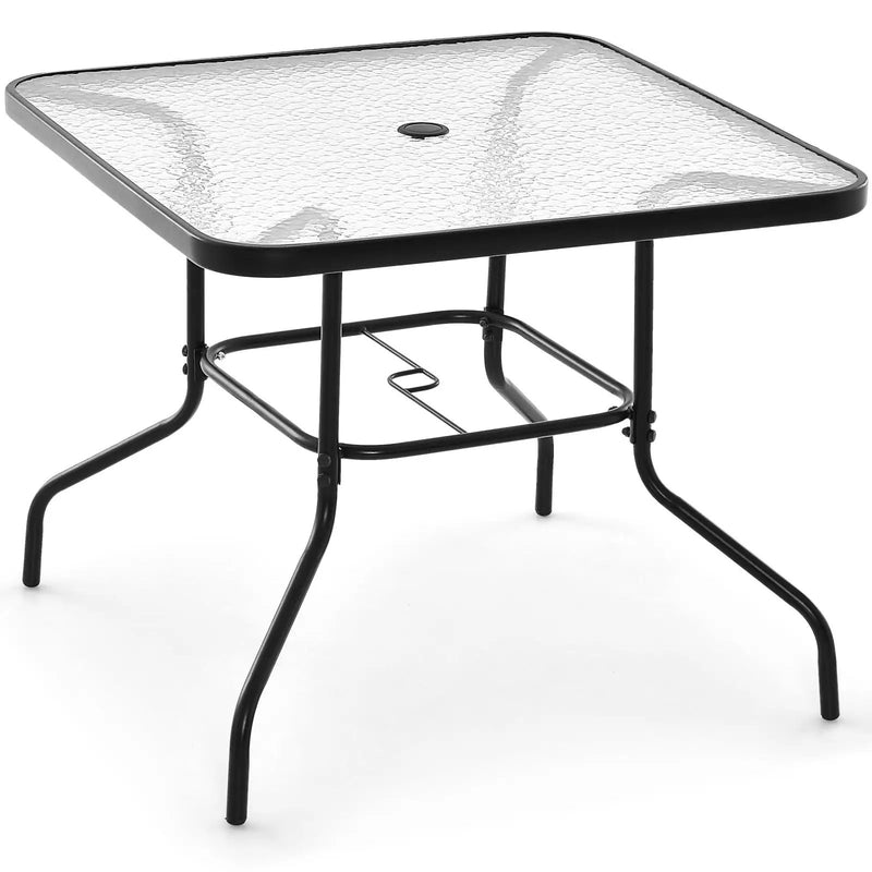34 Inch Outdoor Dining Table Square Tempered Glass Table with 1.5 Inch Umbrella Hole-Black by DirectDeals