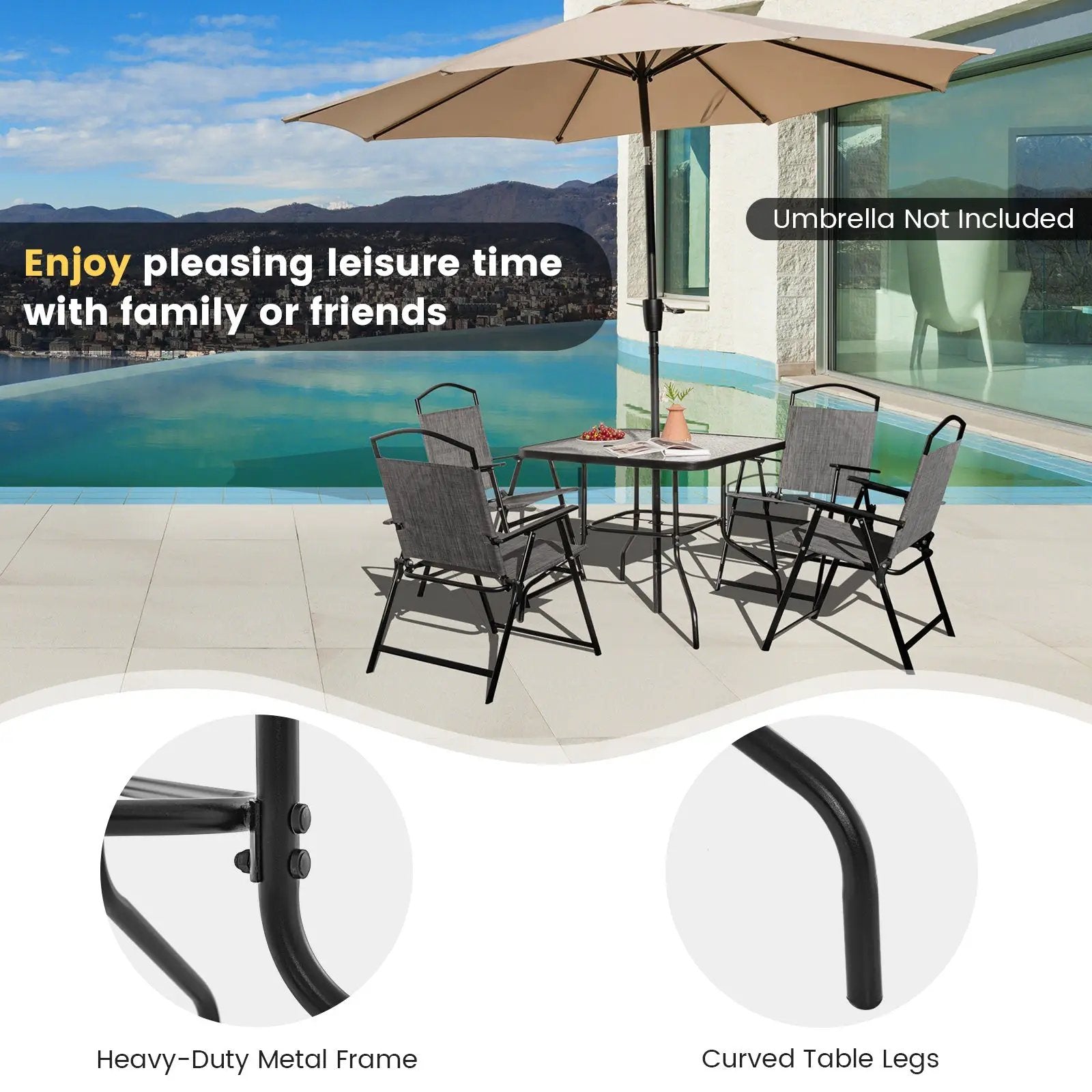 34 Inch Outdoor Dining Table Square Tempered Glass Table with 1.5 Inch Umbrella Hole-Black by DirectDeals