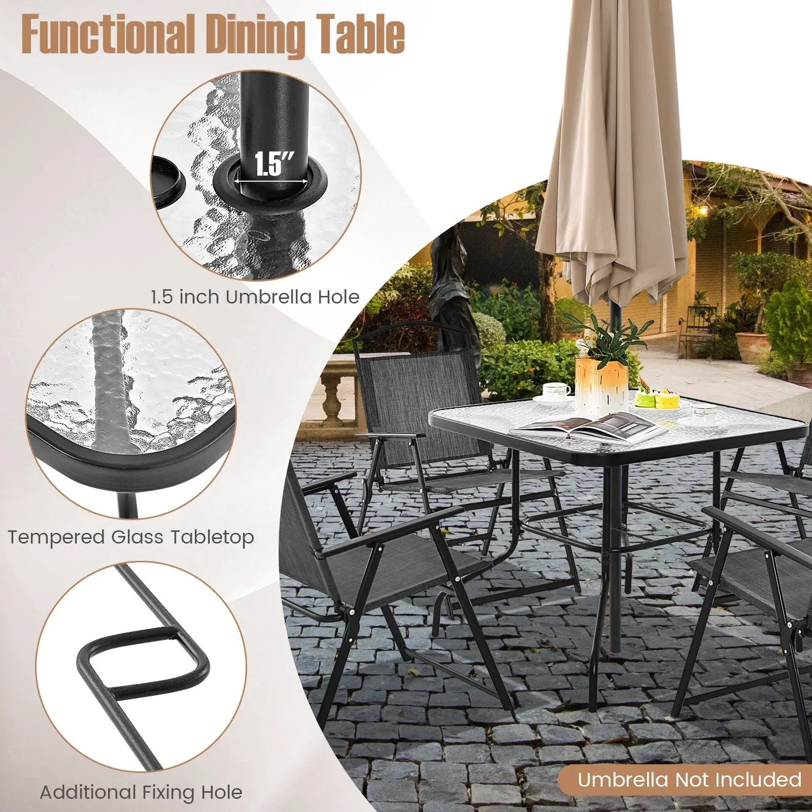 34 Inch Outdoor Dining Table Square Tempered Glass Table with 1.5 Inch Umbrella Hole-Black by DirectDeals
