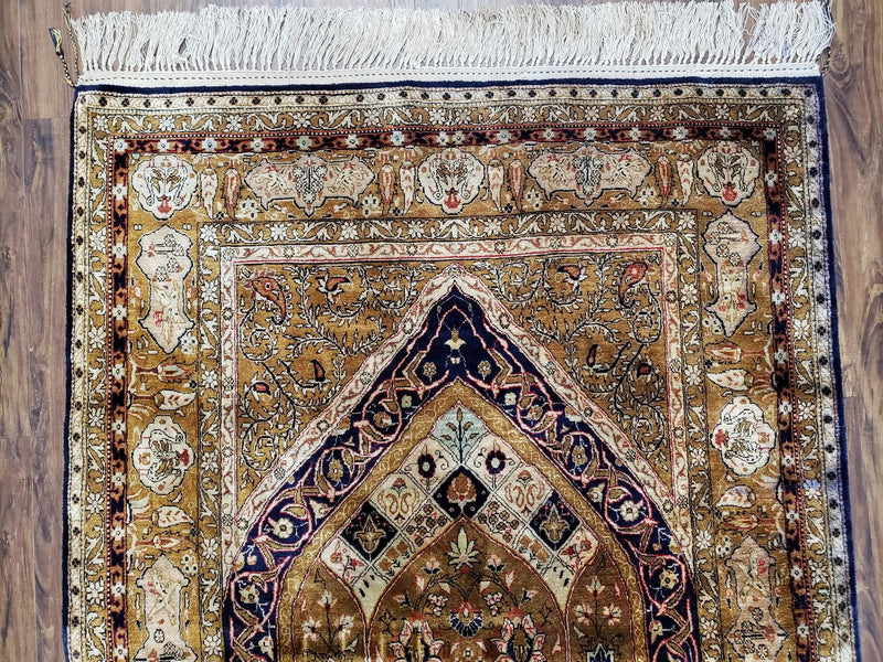 Semi Antique Persian Qum Silk Prayer Rug, Silk, Hand-Knotted, 3'6" x 5' by Jewel Rugs