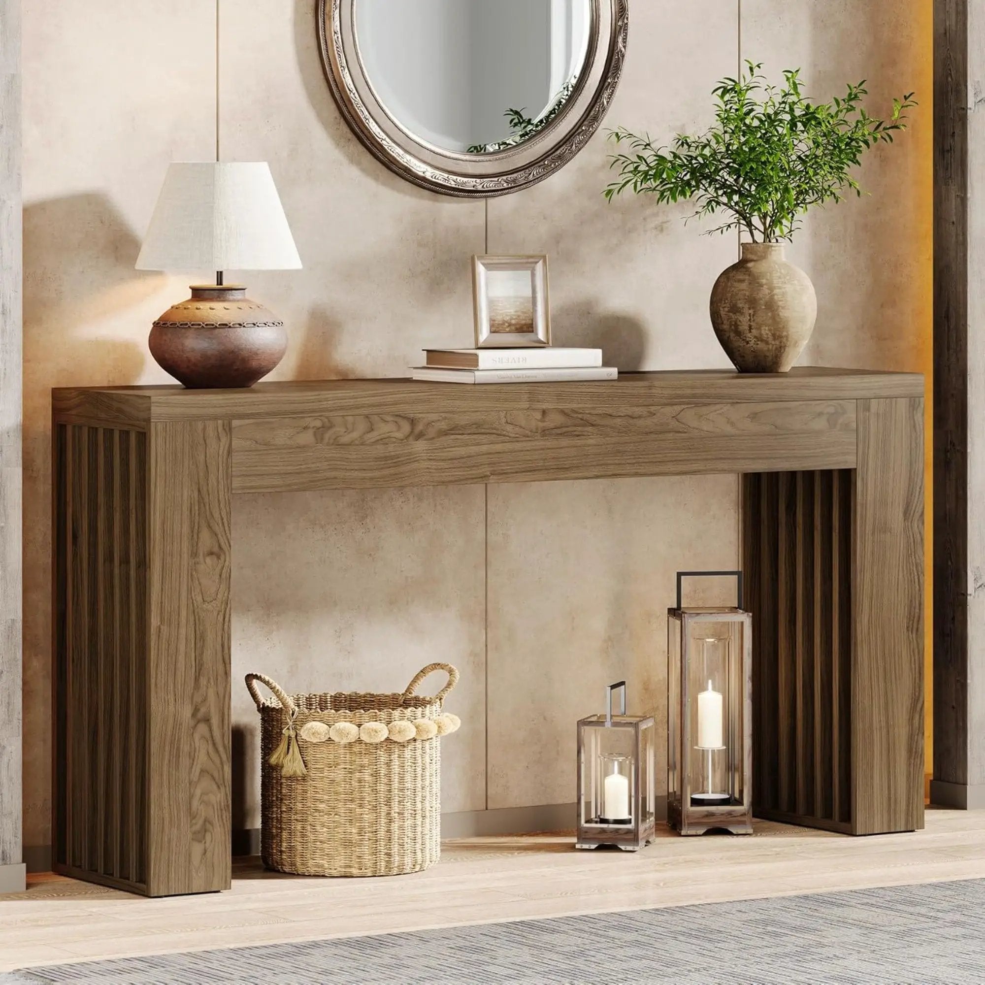 Console Table With Vertical Slat Legs For Entryway - Rustic Brown by HouseOfZazla