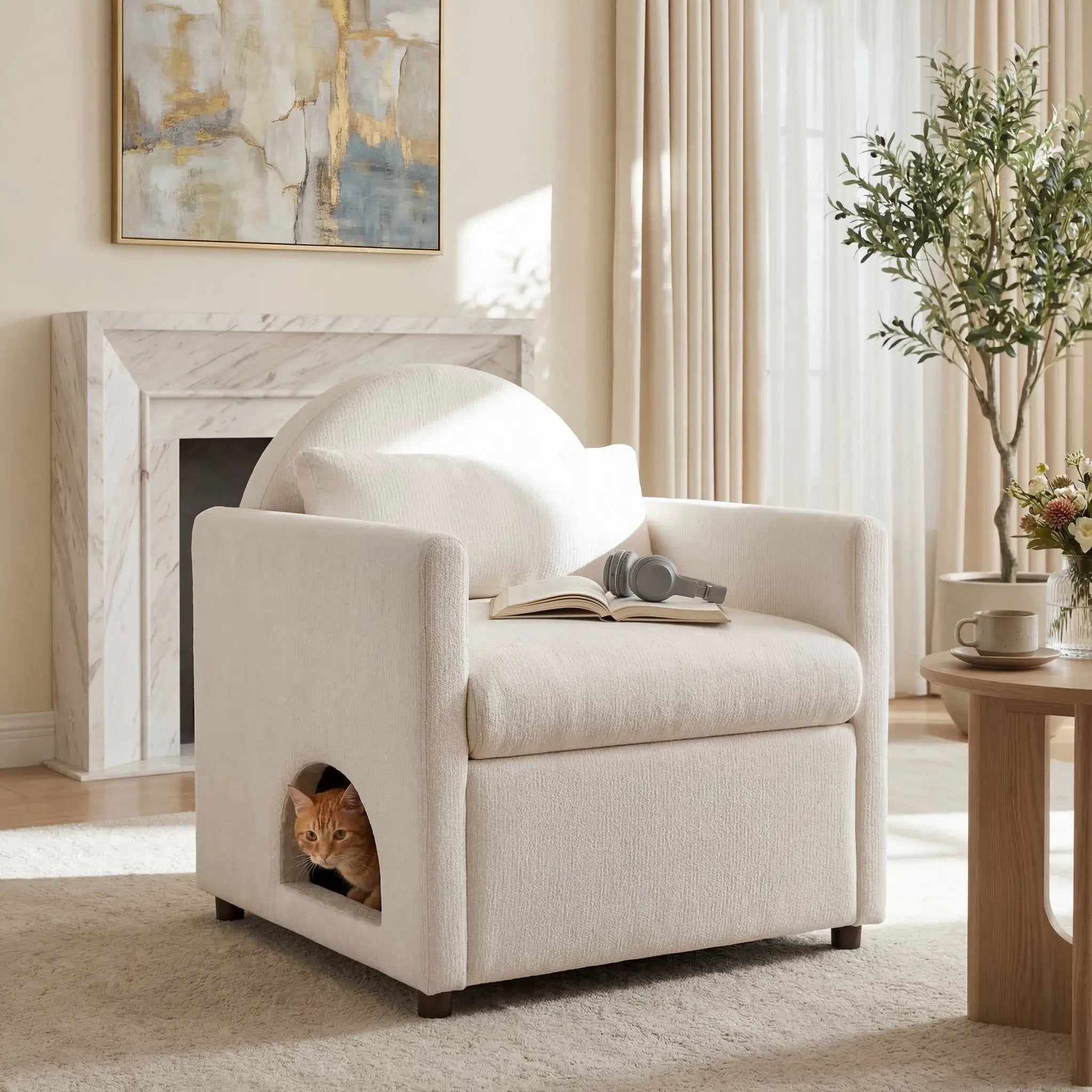 Beige Pet Friendly Accent Chair with Hidden Pet Nook by HouseOfZazla