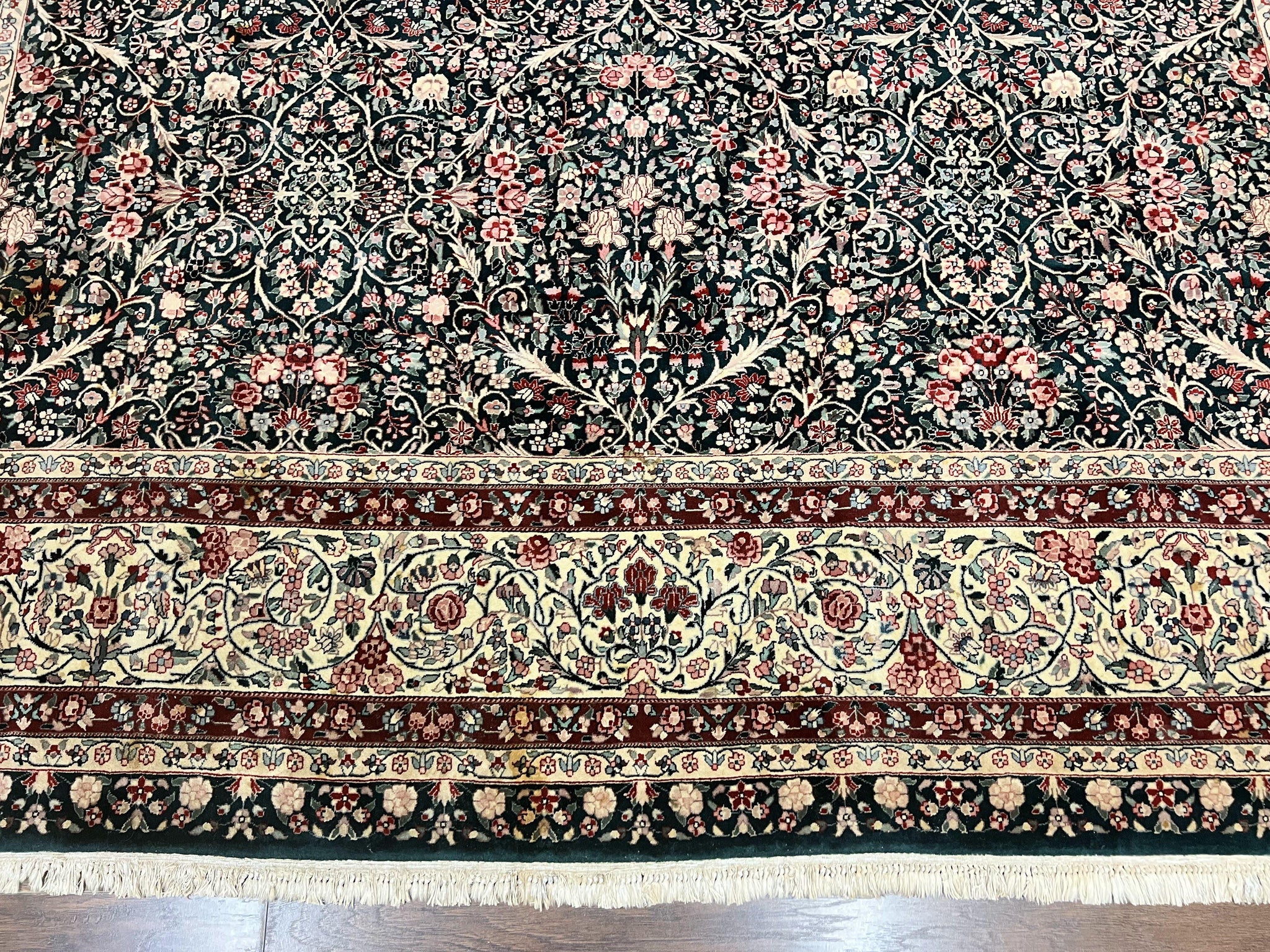 Large Sino Persian Rug 10x14, Wool Hand Knotted Vintage Carpet, Dark Green & Beige, Kirman Floral Rug, Fine Weave, Traditional, Large by Jewel Rugs