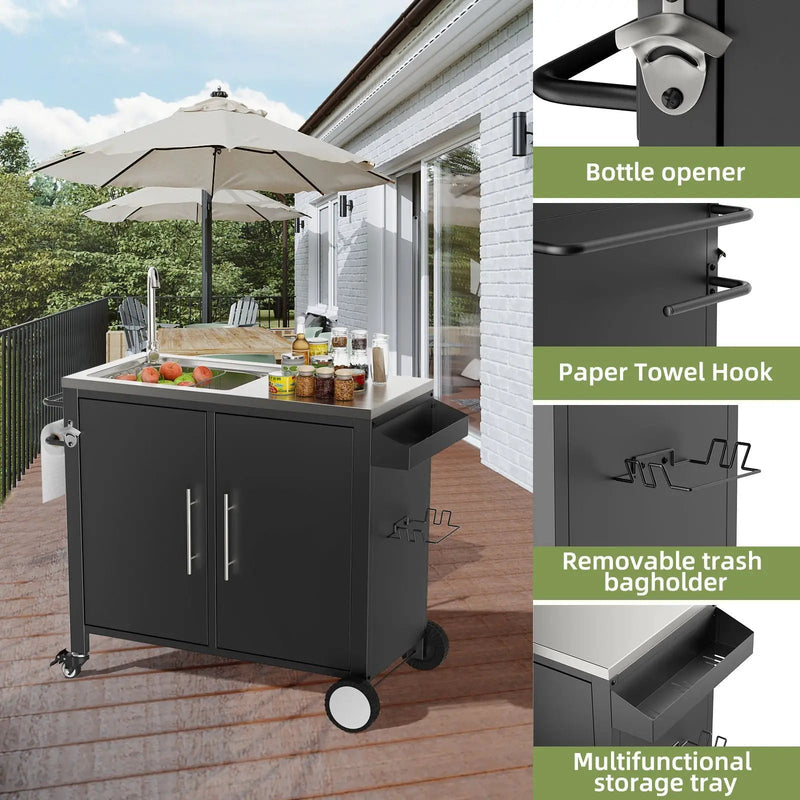 Outdoor Grill Table With Sink, Grill Cart With Sink And Cabinet With Wheels - Black / Silver by HouseOfZazla
