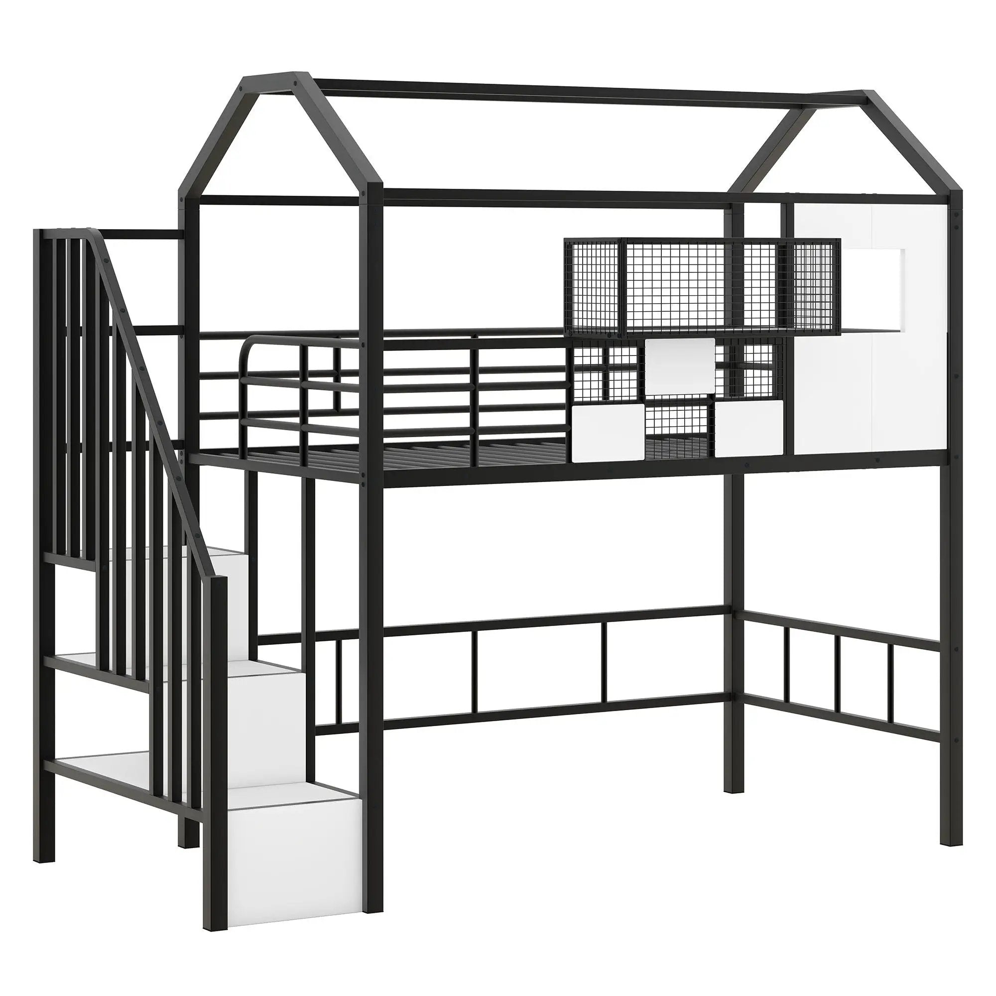 Metal Loft Bed With Roof Design And Storage Box With Guardrails And Integrated Ladder by HouseOfZazla