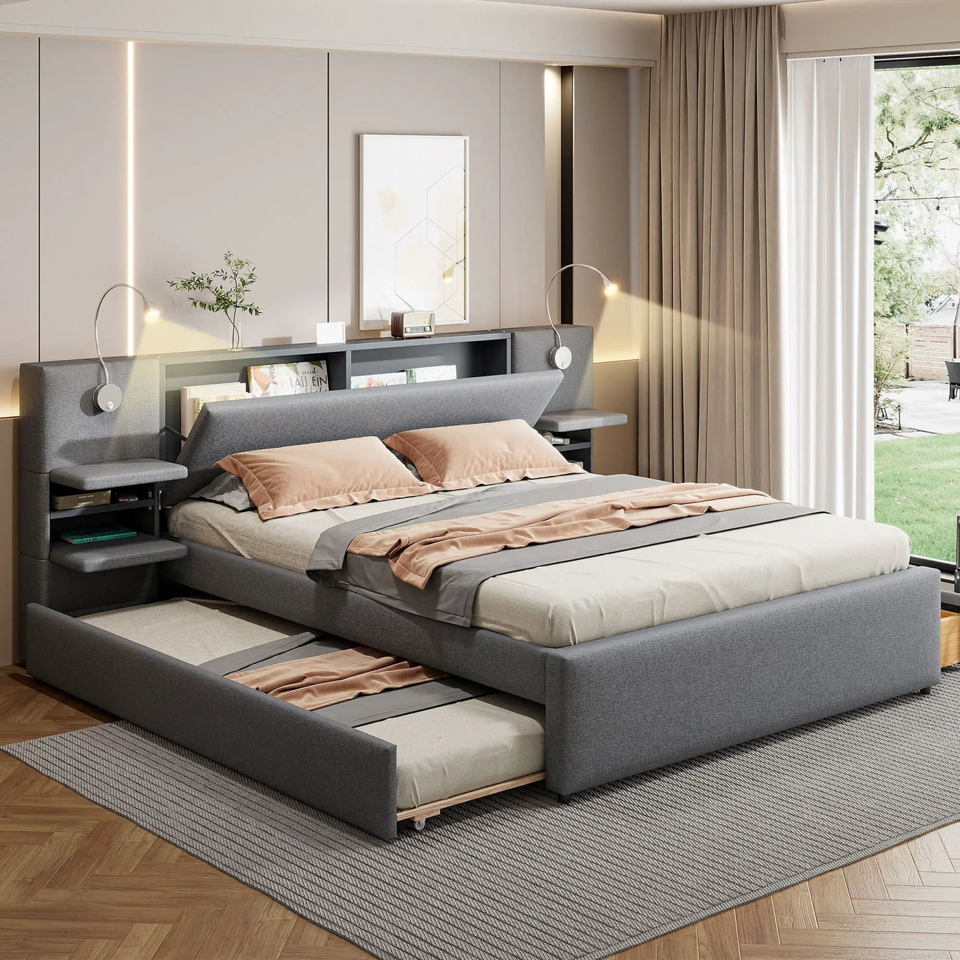 Upholstered Platform Bed With Reading Lights, Drawers, Trundle And Shelves by Unique Piece Furniture