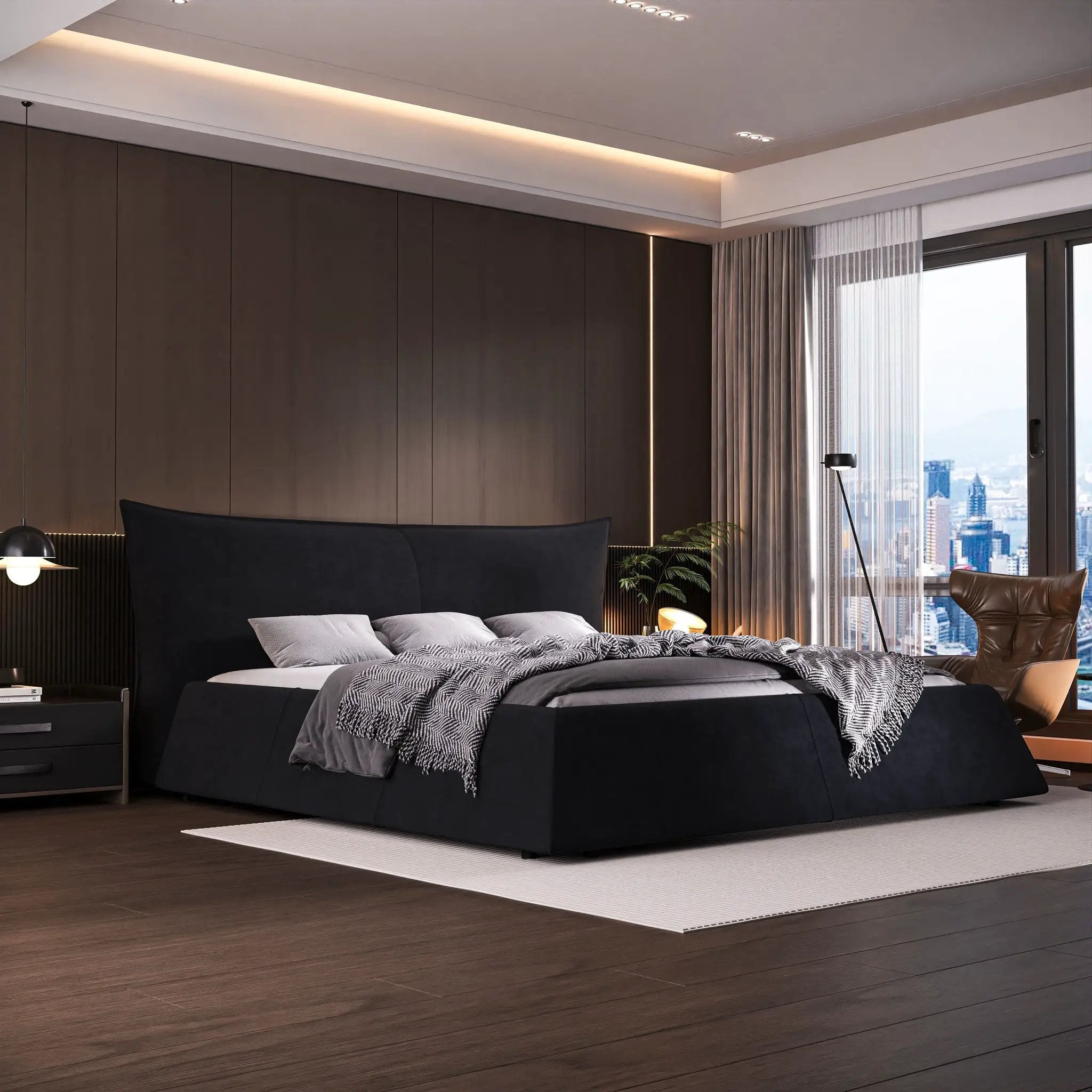 Upholstered Platform Bed With Special Shaped Headboard