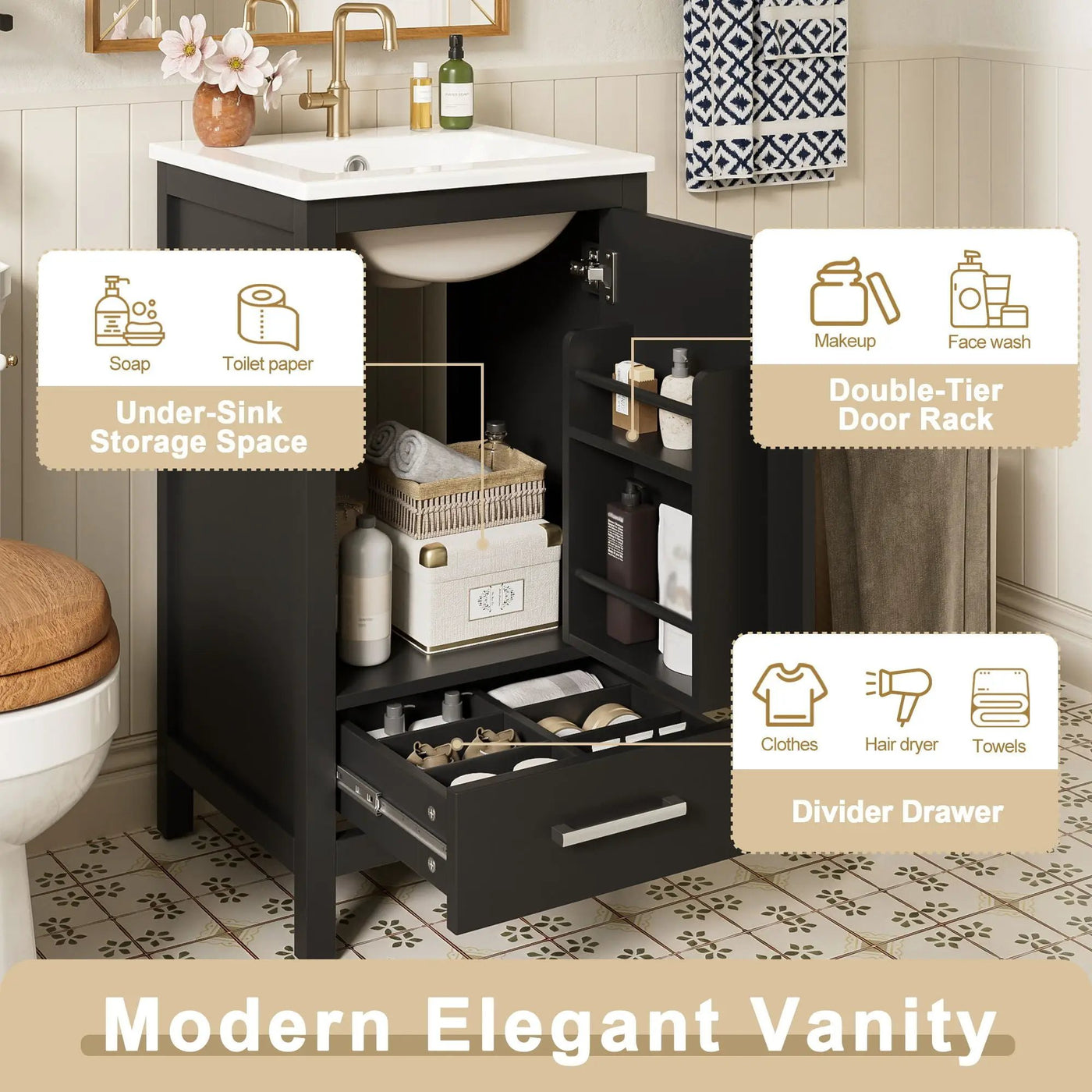 Bathroom Vanity With Ceramic Sink, Soft Close Drawers, Door Organizer, Divider Drawer, Adjustable Foot Pads by Unique Piece Furniture
