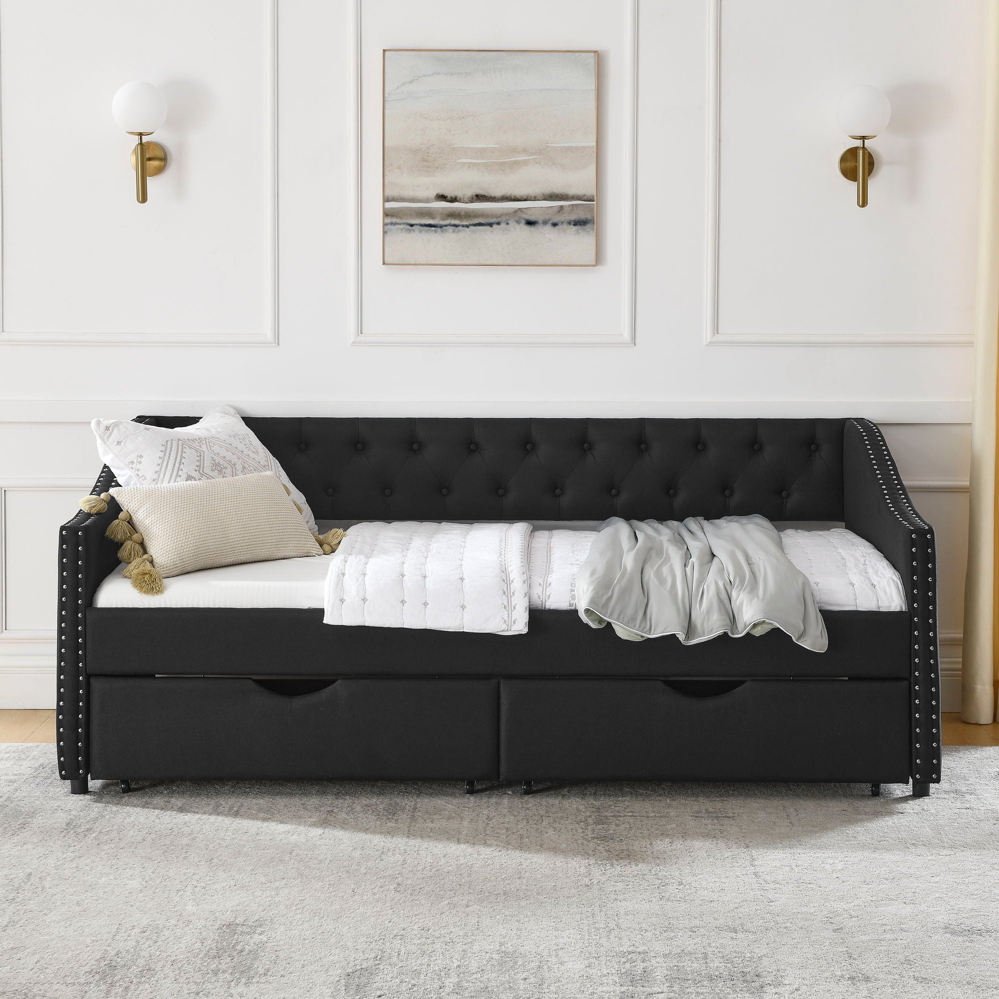 Upholstered Tufted Daybed With 2 Drawers, Waved Arms by Unique Piece Furniture