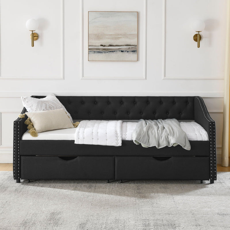 Upholstered Tufted Daybed With 2 Drawers, Waved Arms by Unique Piece Furniture