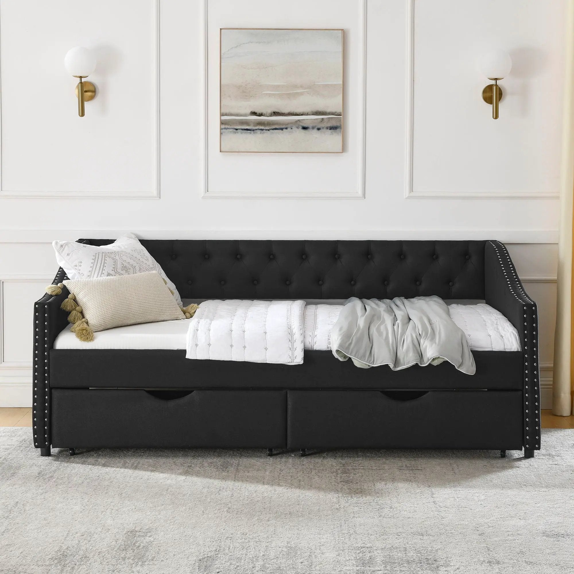 Upholstered Tufted Daybed With 2 Drawers, Waved Arms by Unique Piece Furniture