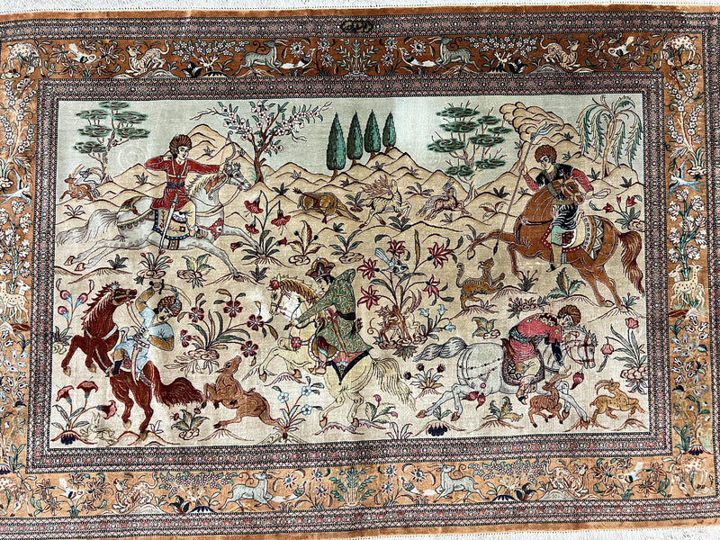 Silk Persian Qum Rug 3x5, Hunting Pattern, Handmade Vintage Carpet, Signed by Master Weaver, Horsemen Pictorials, Super Fine 650 KPSI by Jewel Rugs