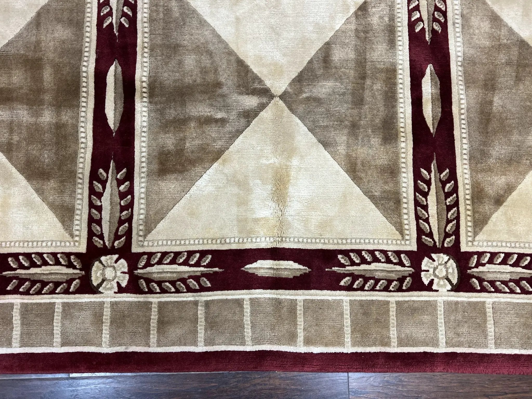 Indo Tibetan Rug 10x14, Nepali Carpet, Large Soft Wool Area Rug, Olive Tan Maroon, Contemporary Rug 10 x 14 ft Living Room Rug, Handmade Rug by Jewel Rugs