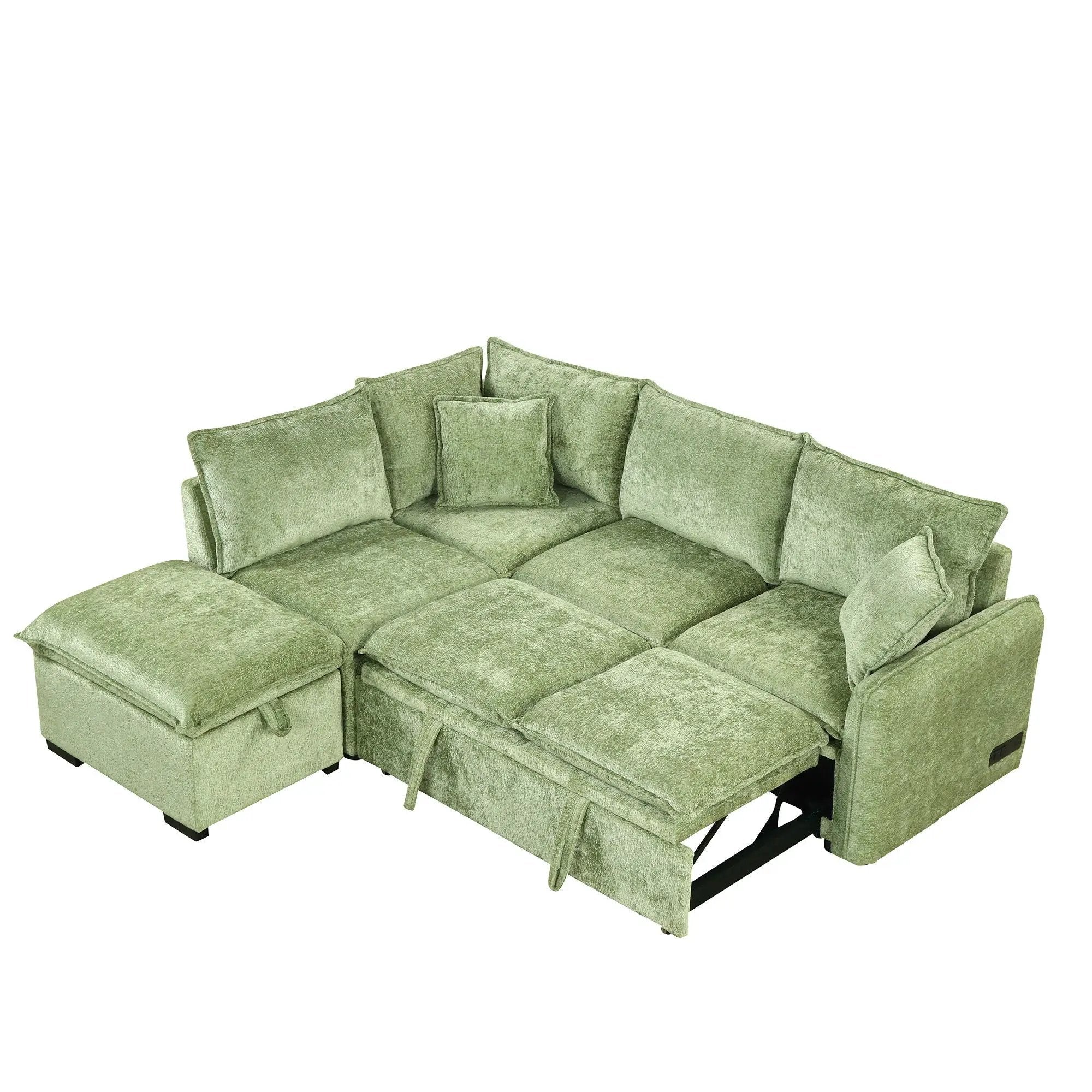 Convertible Sofa Bed Sectional Sofa Sleeper L-Shaped Sofa With A Storage Ottoman, Two Pillows, Two Power Sockets And Two USB Ports For Living Room by HouseOfZazla