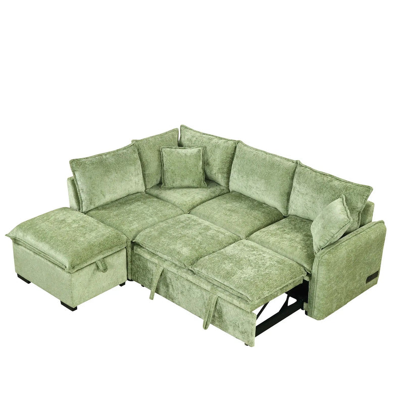 Convertible Sofa Bed Sectional Sofa Sleeper L-Shaped Sofa With A Storage Ottoman, Two Pillows, Two Power Sockets And Two USB Ports For Living Room by HouseOfZazla