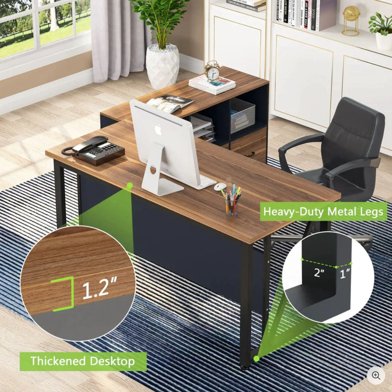 L-Shaped Executive Desk With Mobile File Cabinet, Large Home Office Workstation With Drawers And Shelves - Brown / Black by HouseOfZazla