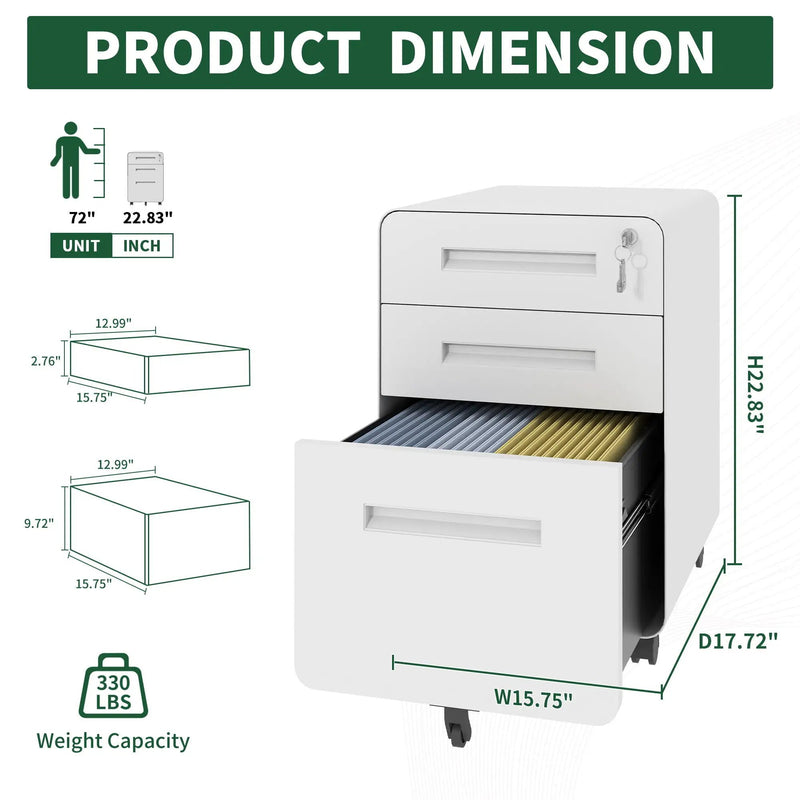 3-Drawer Mobile File Cabinet With Lock, On Casters, Holds A4/Letter Files by Unique Piece Furniture