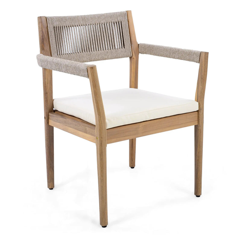 Braided Acacia Wood Outdoor Dining Chairs Set of 2 – Teak Look with Beige Rope & Cream Cushions by HouseOfZazla