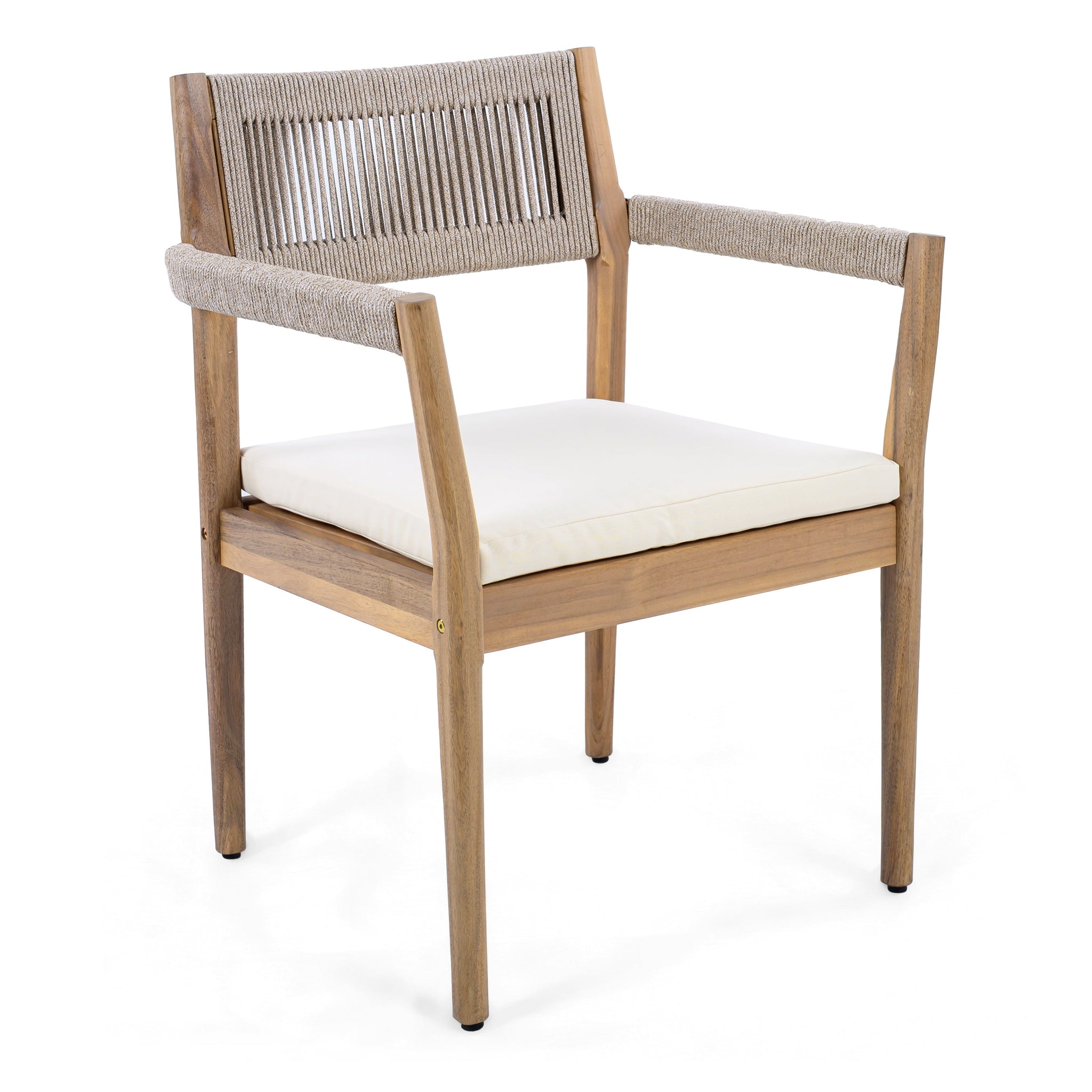 Braided Acacia Wood Outdoor Dining Chairs Set of 4 – Teak Look with Beige Rope & Cream Cushions by HouseOfZazla