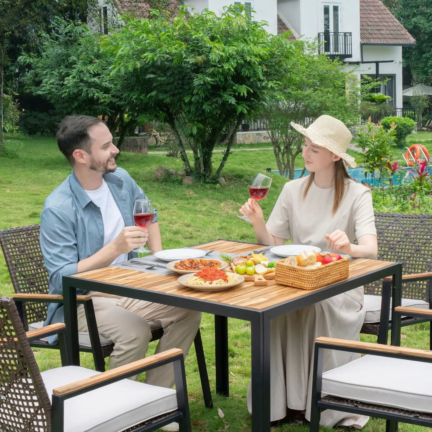 5 Piece Patio Dining Table Set, Acacia Wood Table Top With Umbrella Hole by HouseOfZazla