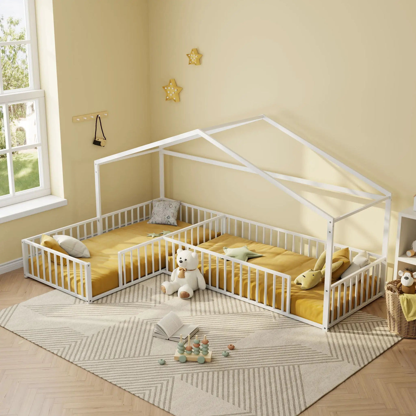 L-Shaped Montessori Bed For 2 Kids With Partitioned Fence by HouseOfZazla