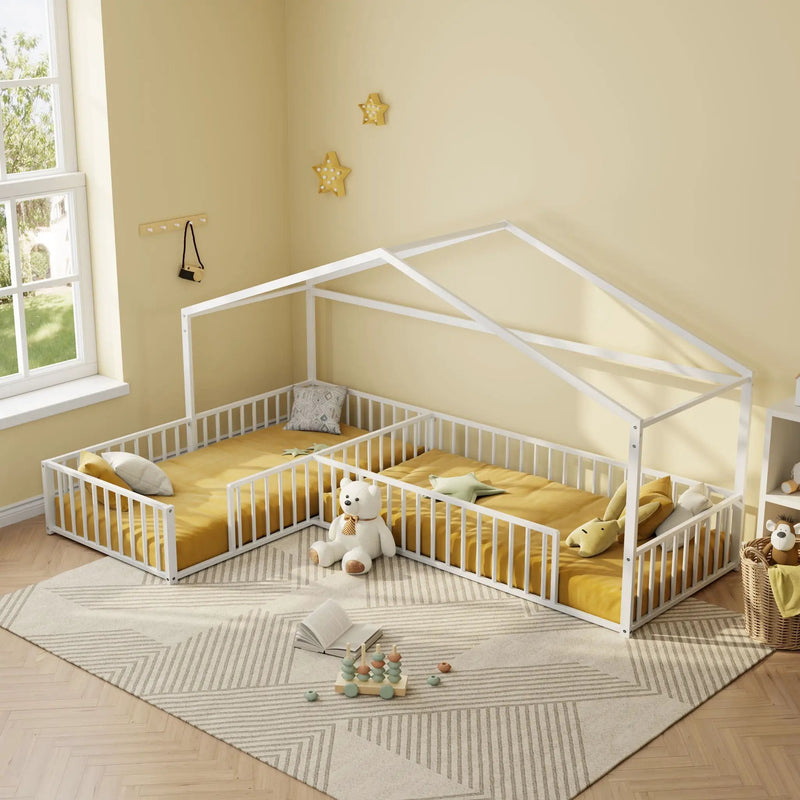 L-Shaped Montessori Bed For 2 Kids With Partitioned Fence by HouseOfZazla