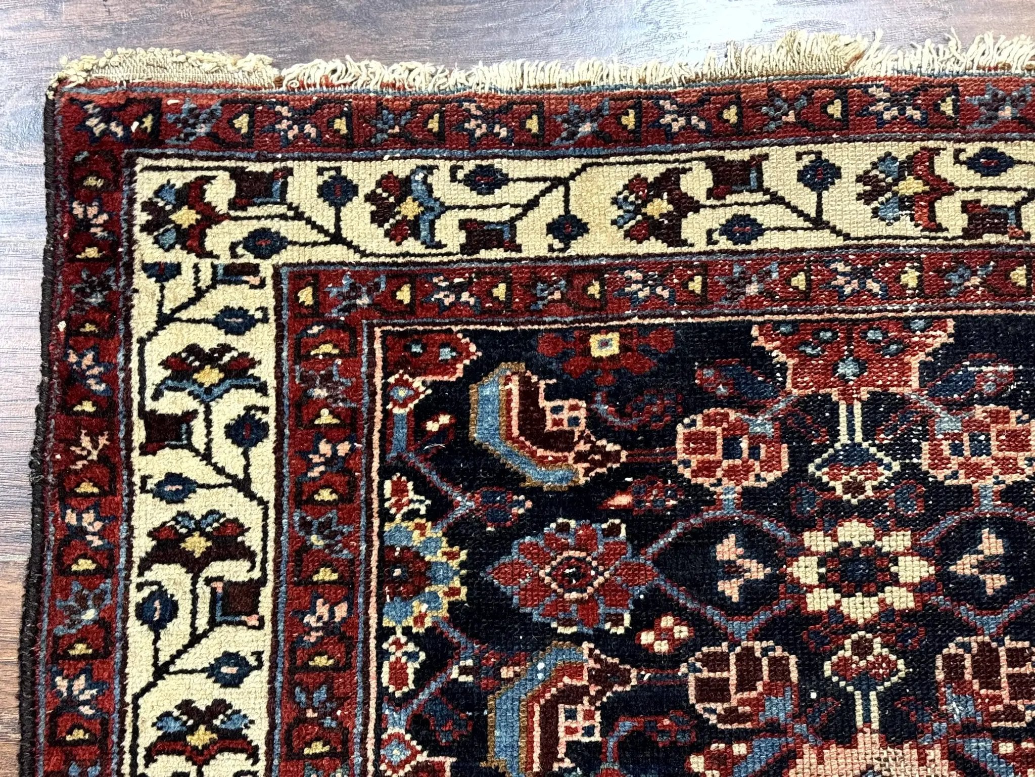 Navy Blue Antique Persian Rug 3x6, Blue and Ivory Persian Carpet, Handmade 1920s Hamadan Rug by Jewel Rugs